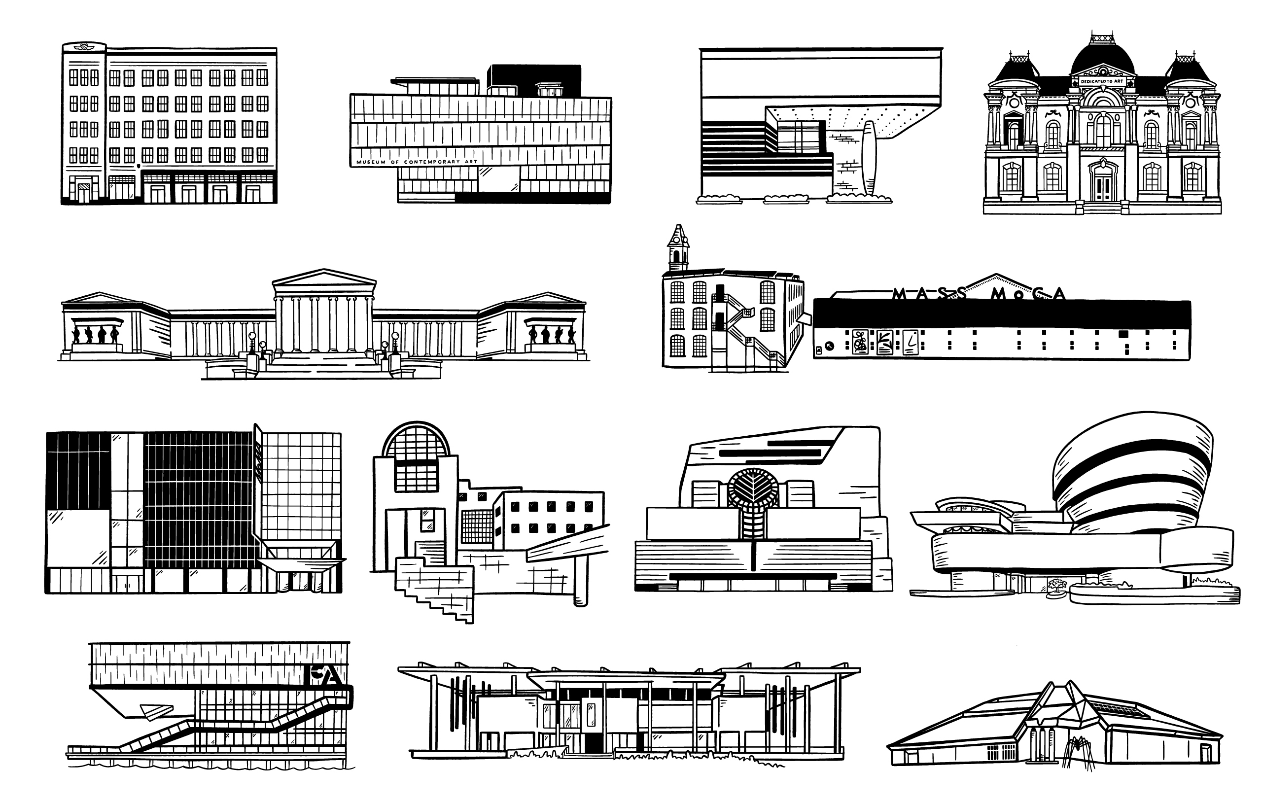 Architectural drawings showing various building styles from classical to modern including museums, office buildings, and cultural centers