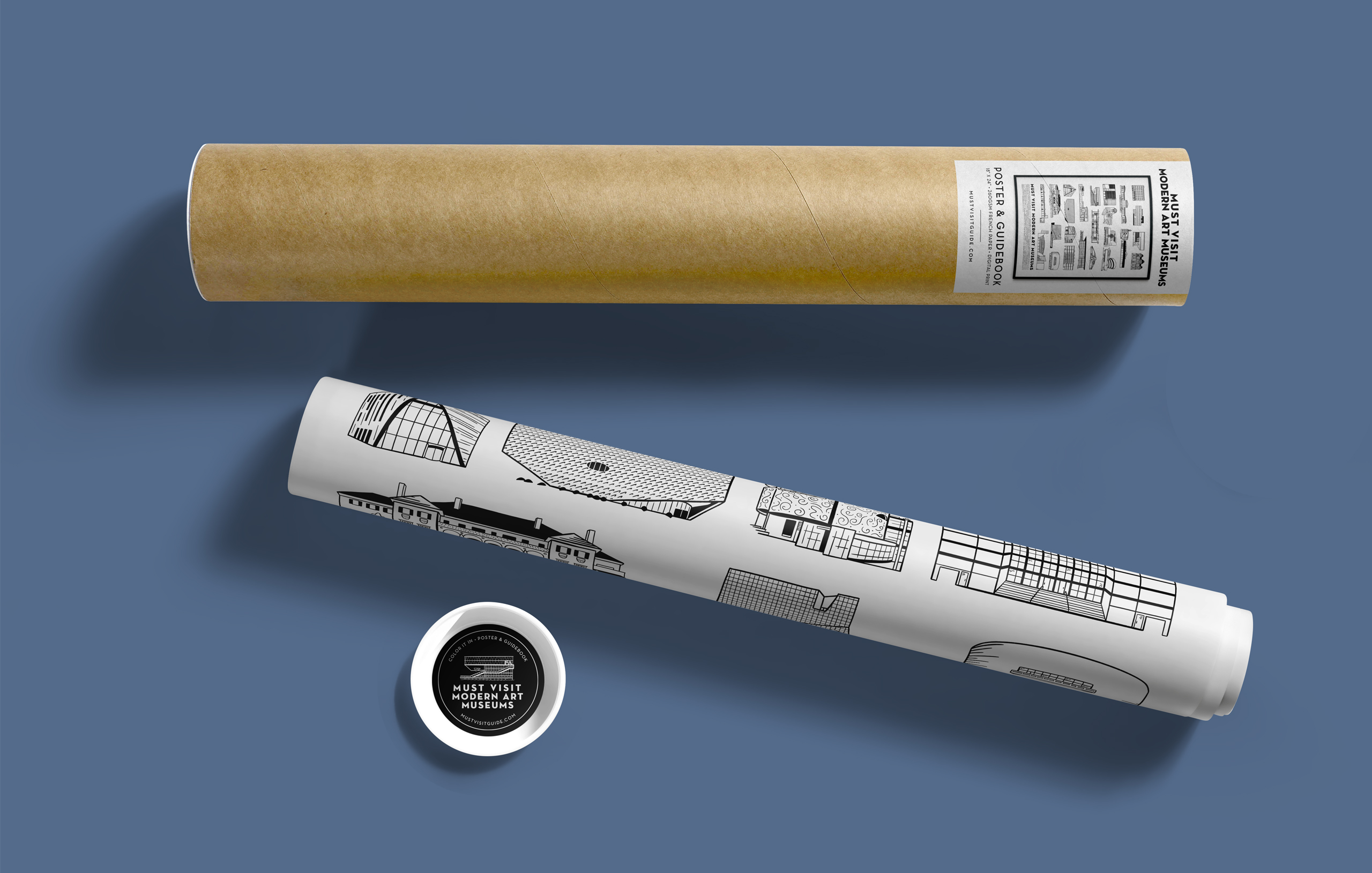 Architectural poster tube with rolled blueprint and modern art museums badge on blue background