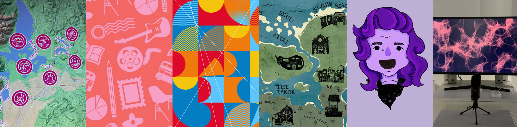 new-header Colorful collage of digital design elements including maps, icons, geometric patterns, fantasy map, character art, and workspace