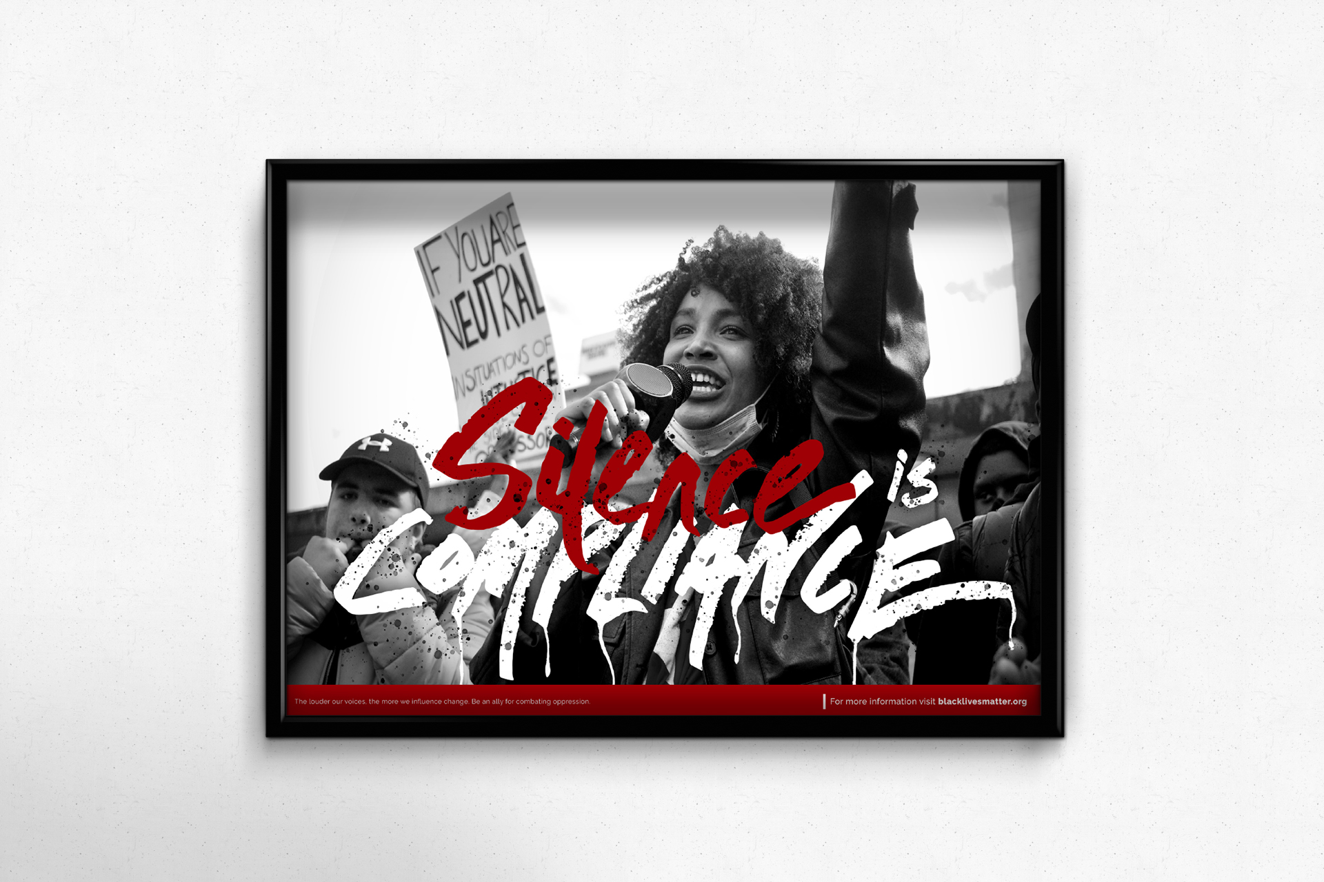 poster2 Black Lives Matter protest poster showing woman with microphone and Silence is Compliance message in red text