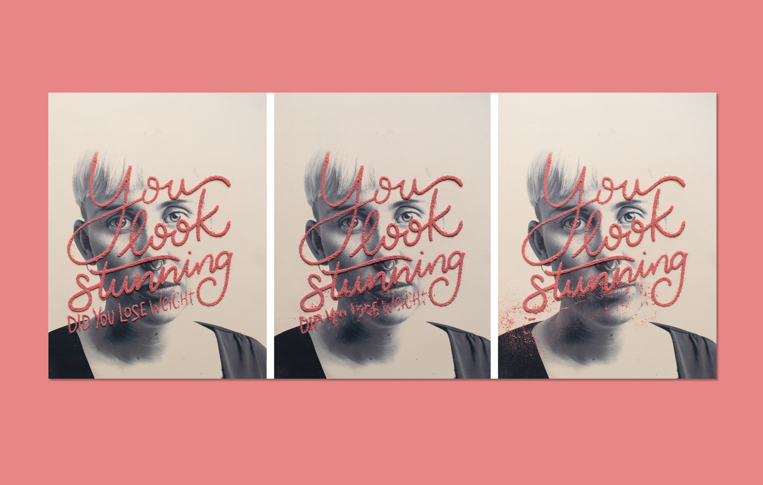 Three album covers for Your Look Stunning showing a woman's portrait with red cursive text overlay on pink background.