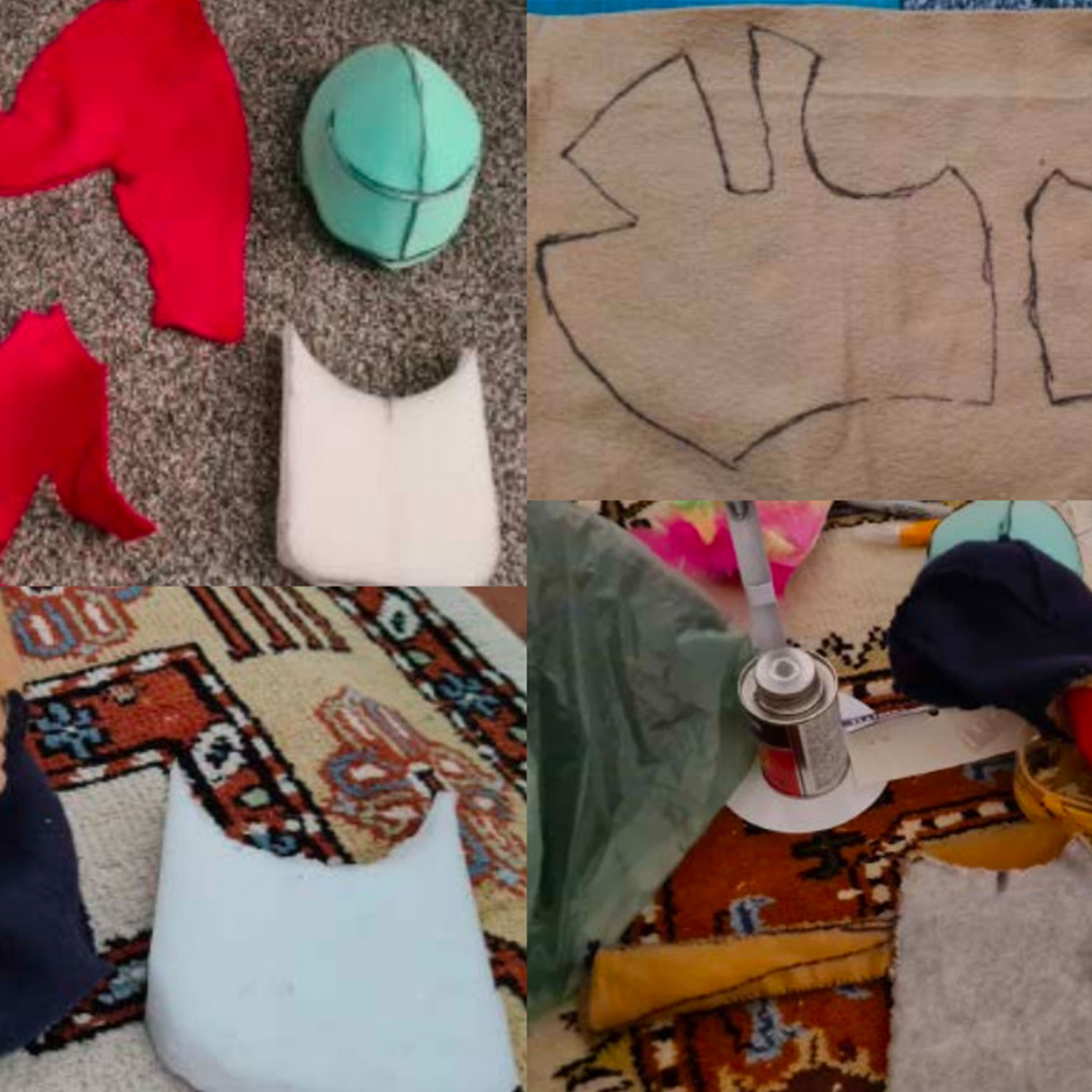 001-Materials DIY foam hat tutorial showing cut foam pieces, cardboard template, and sewing machine assembly steps for cosplay costume