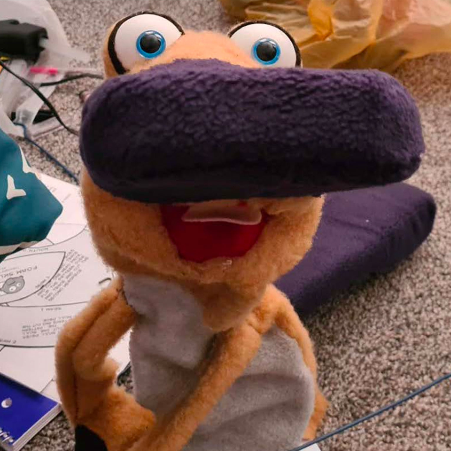 003-Final-Puppet Colorful plush toy character with googly eyes, purple knit hat, orange body and open red mouth sitting on carpet