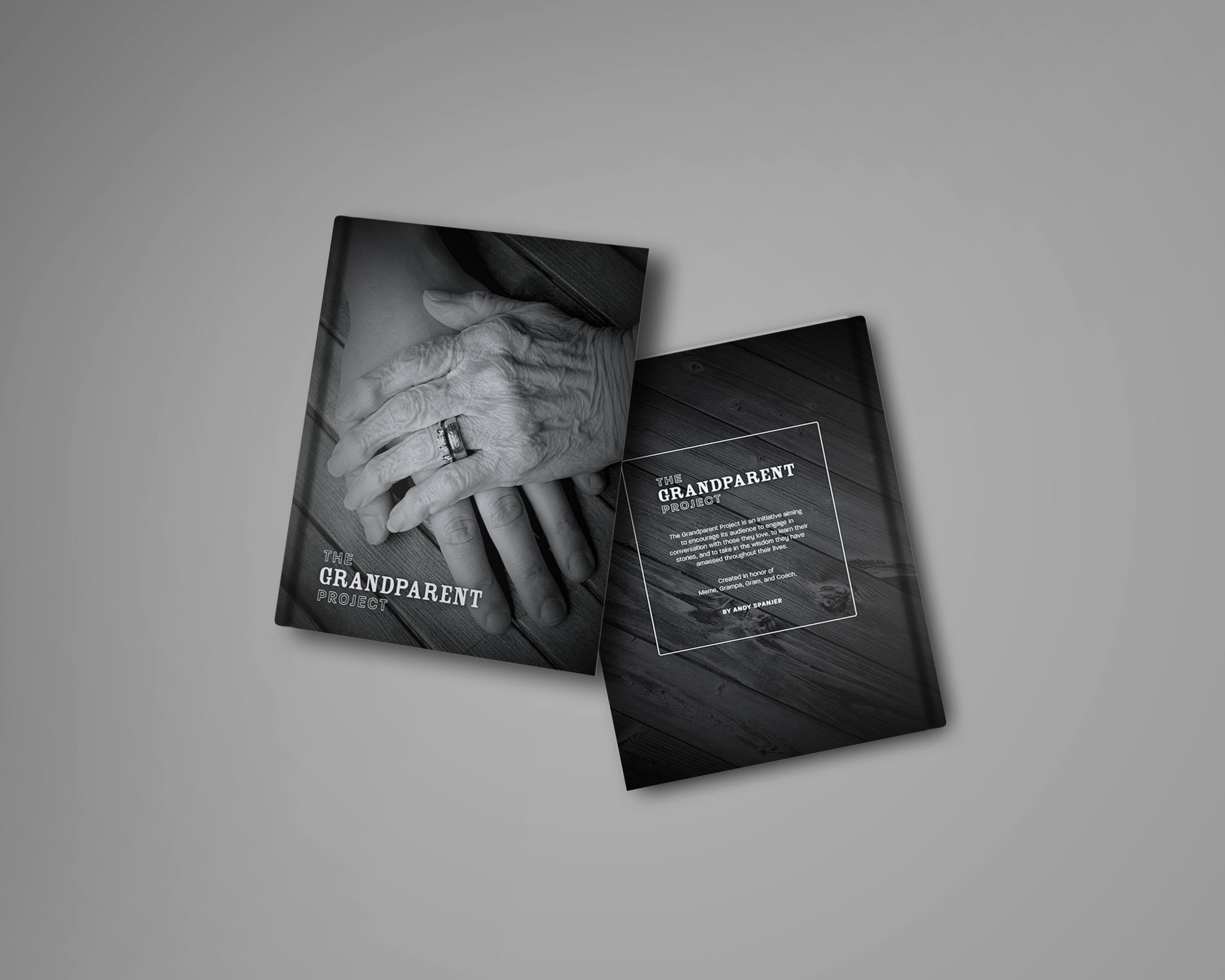 01 The Grandparent Project book covers showing elderly hands photo and project description on dark wooden background