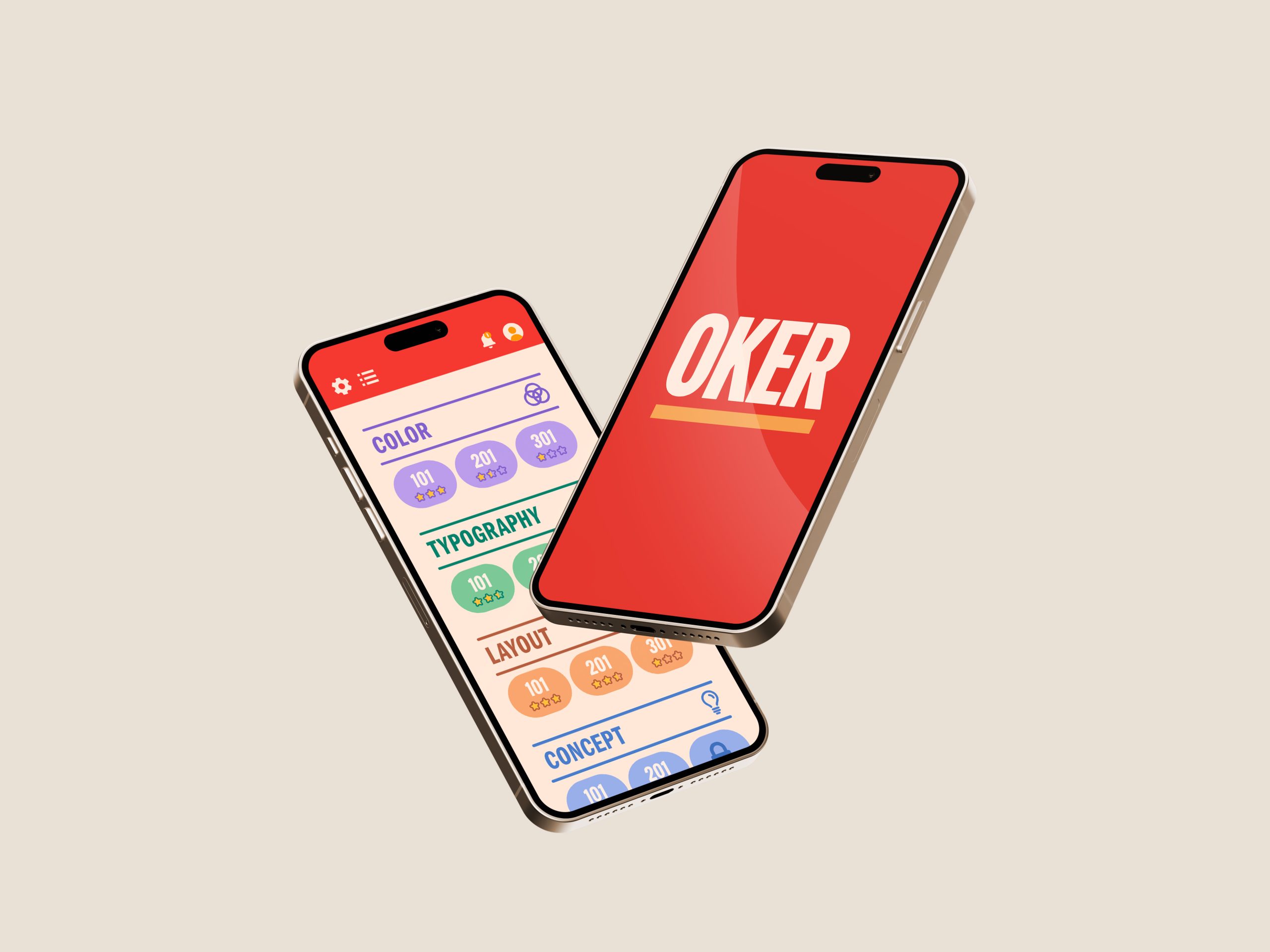 01 Two smartphones displaying mobile app interfaces - one showing colorful design categories, the other with red OKER branding