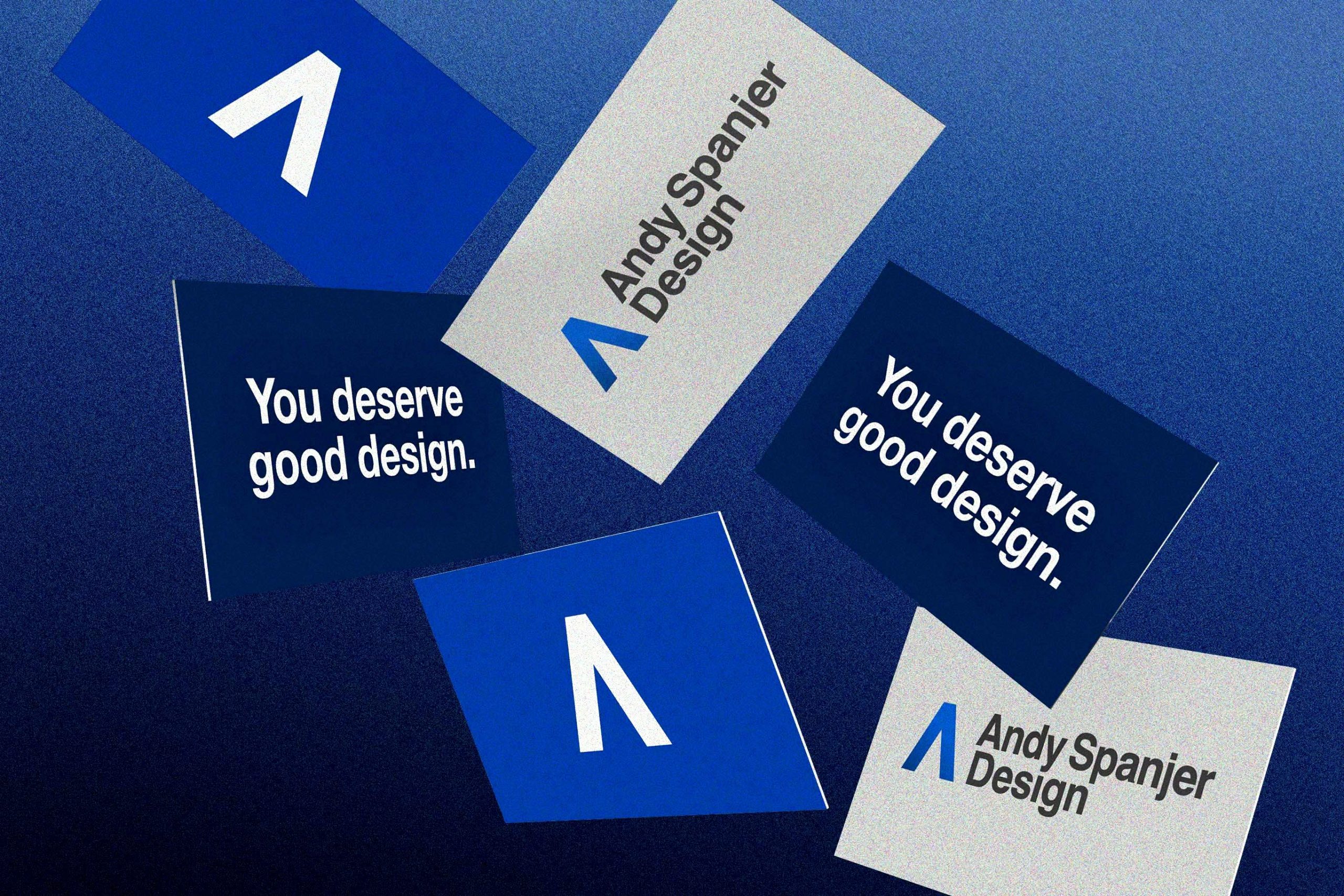 02 Business cards for Andy Spanjer Design scattered on blue background with You deserve good design message