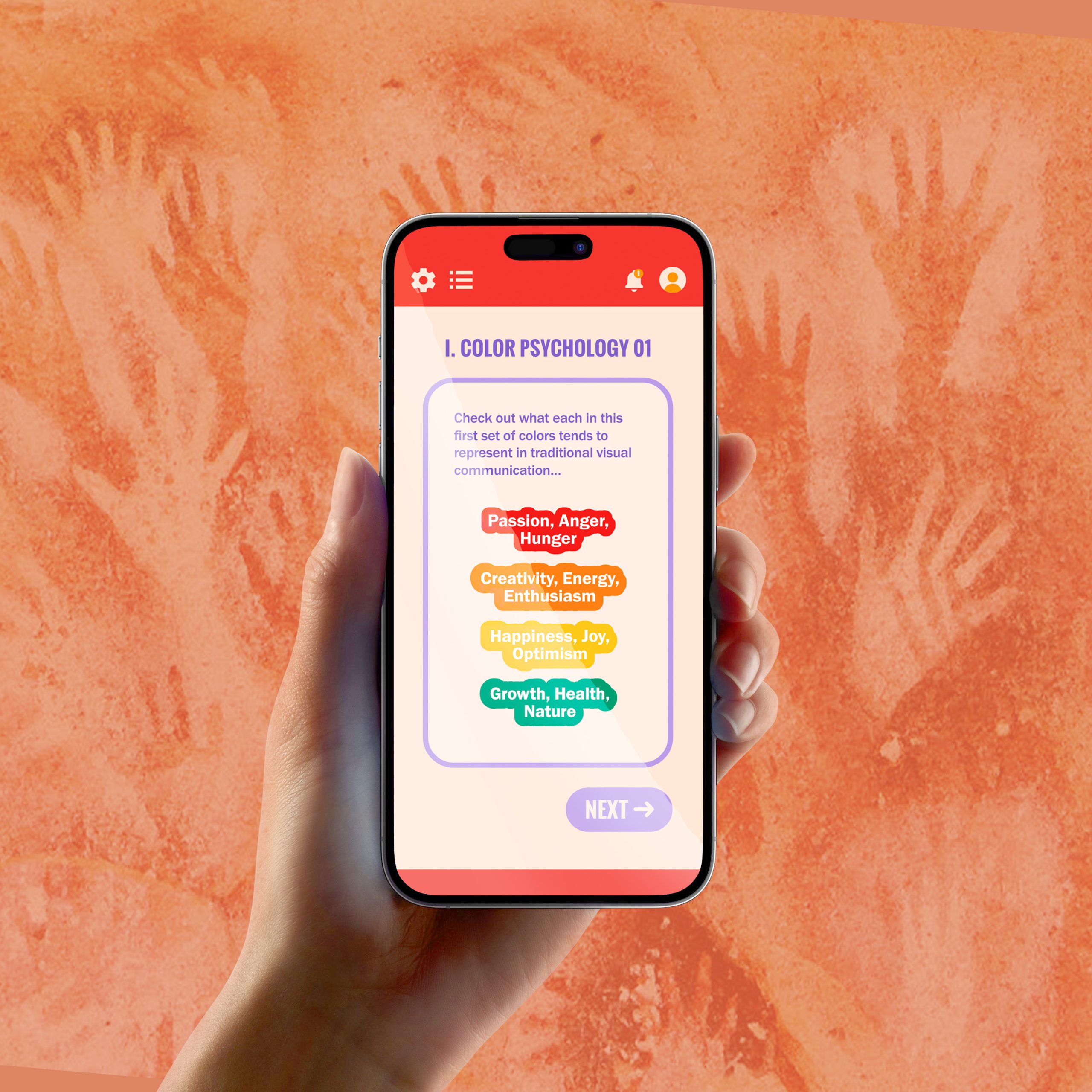 02 Hand holding smartphone displaying color psychology app with red, orange, yellow, and green emotion labels on textured background