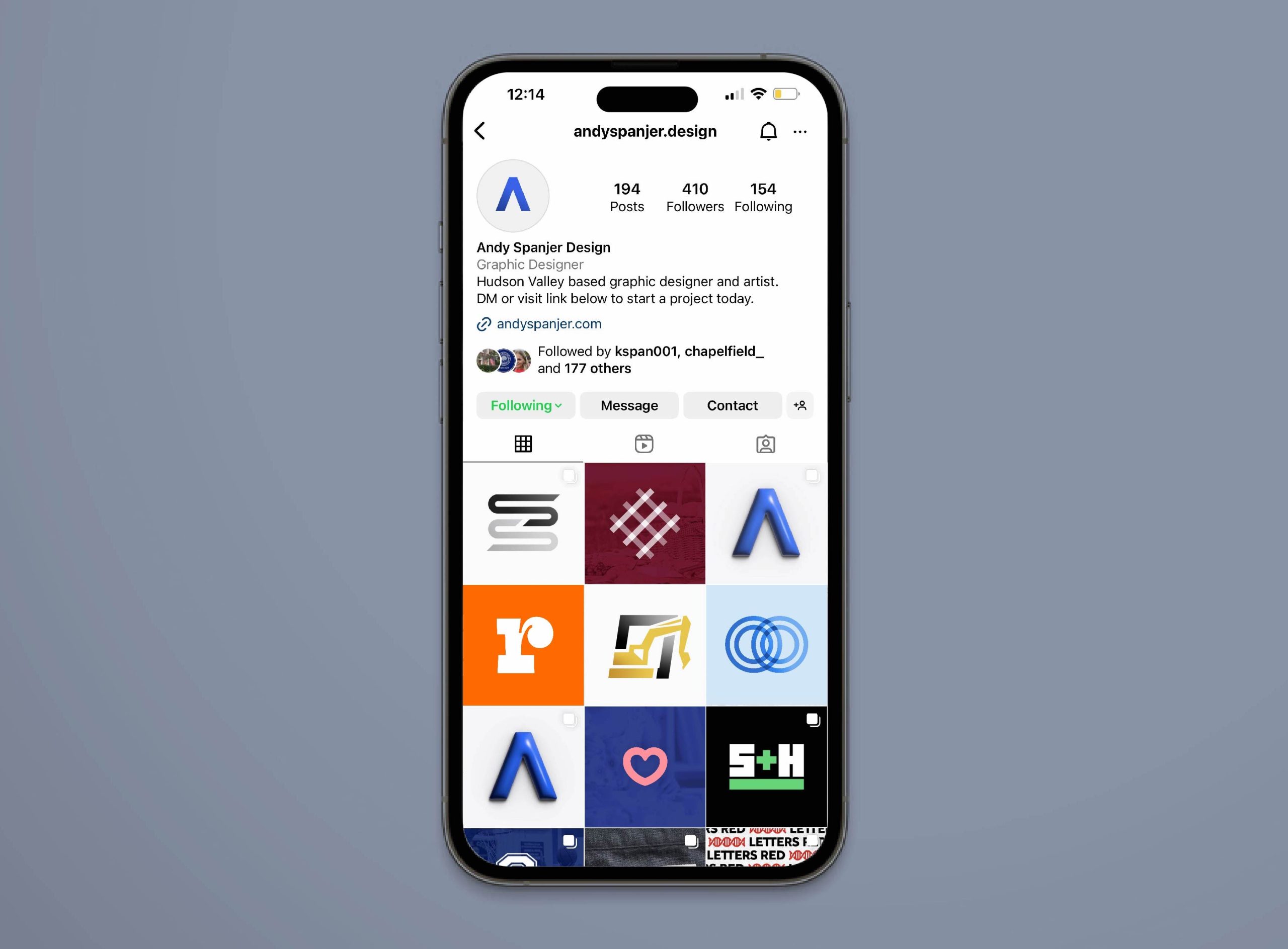 Print Instagram profile of Andy Spanjer Design showing graphic design portfolio with logo designs and branding work examples.