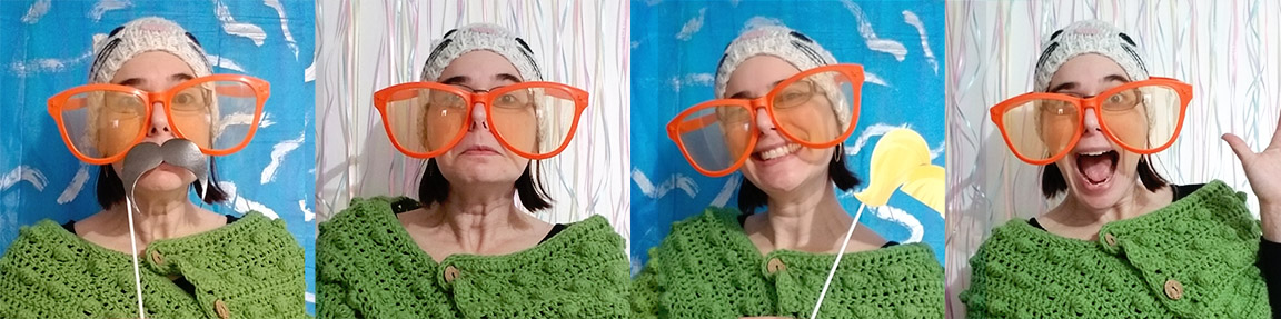 1_KattMarshall-1536x383 Woman in green sweater and orange glasses making funny faces with fake mustache in four playful photo booth shots
