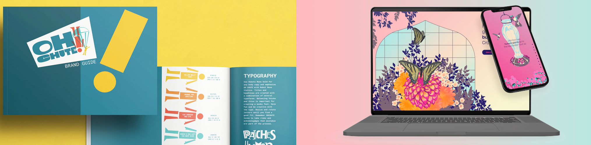 Colorful brand guide materials and laptop displaying floral design with smartphone showing mobile app interface