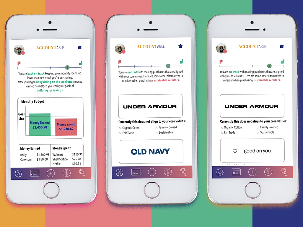 Accountable App - 3 Three smartphones showing Accountable app screens with budget tracking, Under Armour alternatives, and sustainable shopping options.