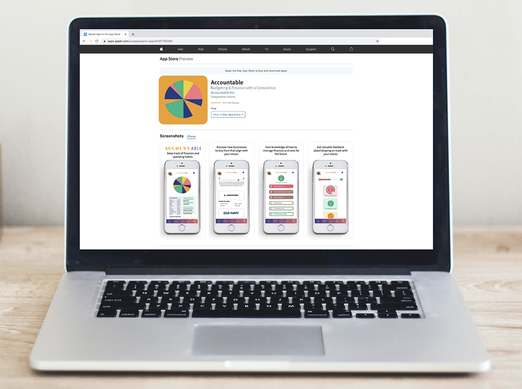 Accountable App - 4 Laptop displaying Apple App Store page for Accountable budgeting app with colorful pie chart icon and mobile screenshots