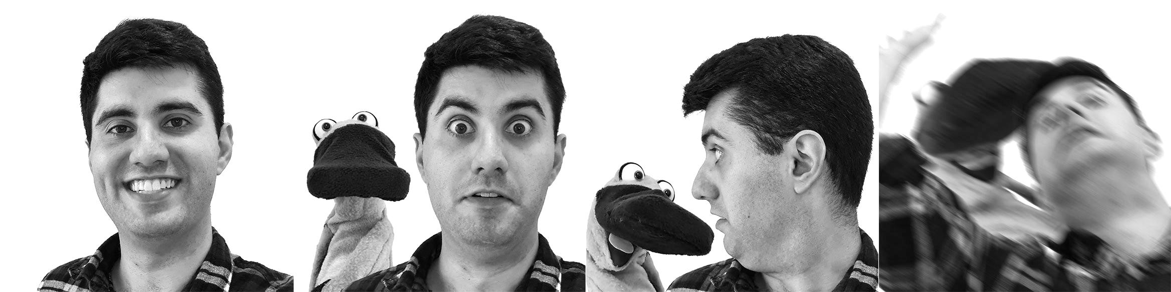 Adam-blackwhite Young man with Cookie Monster puppet showing different expressions in black and white photo sequence