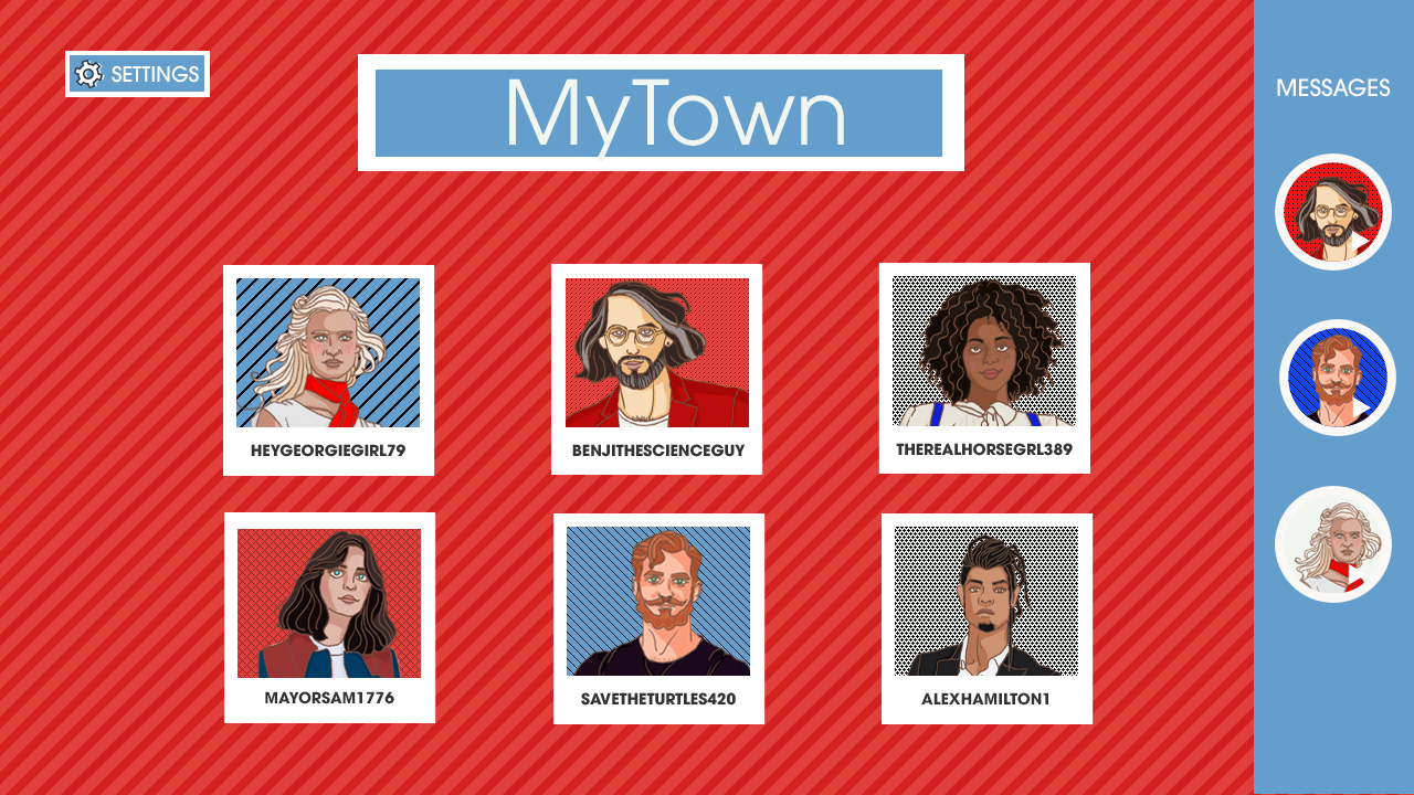 AmericanDreams MyTown app interface showing 6 user profile avatars with usernames in a grid layout with red diagonal striped background