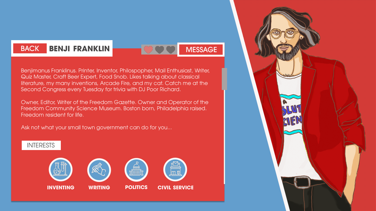 AmericanDreams1 Ben Franklin dating app profile showing interests in inventing, writing, politics & civil service with modern hipster avatar