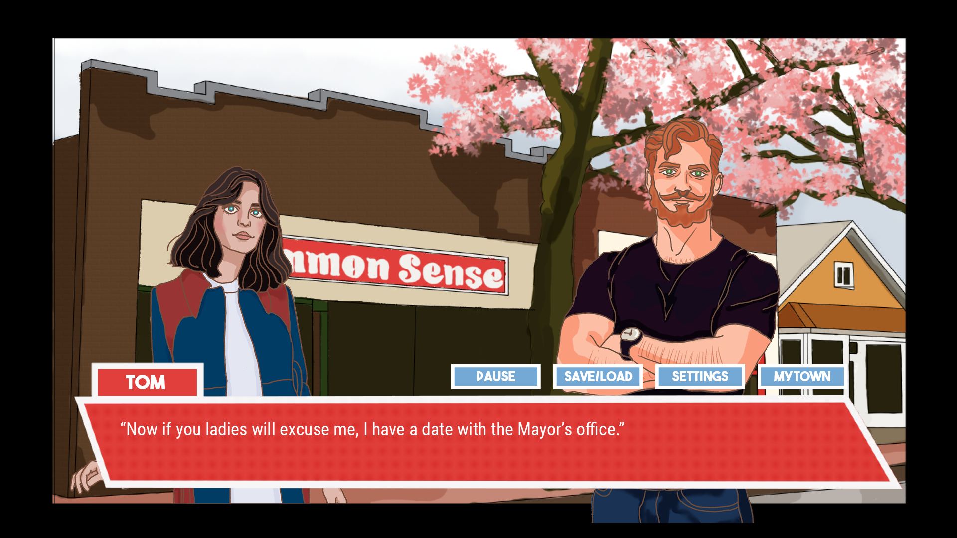 AmericanDreams2 Screenshot of visual novel game Common Sense showing male character Tom speaking to female character about meeting Mayor