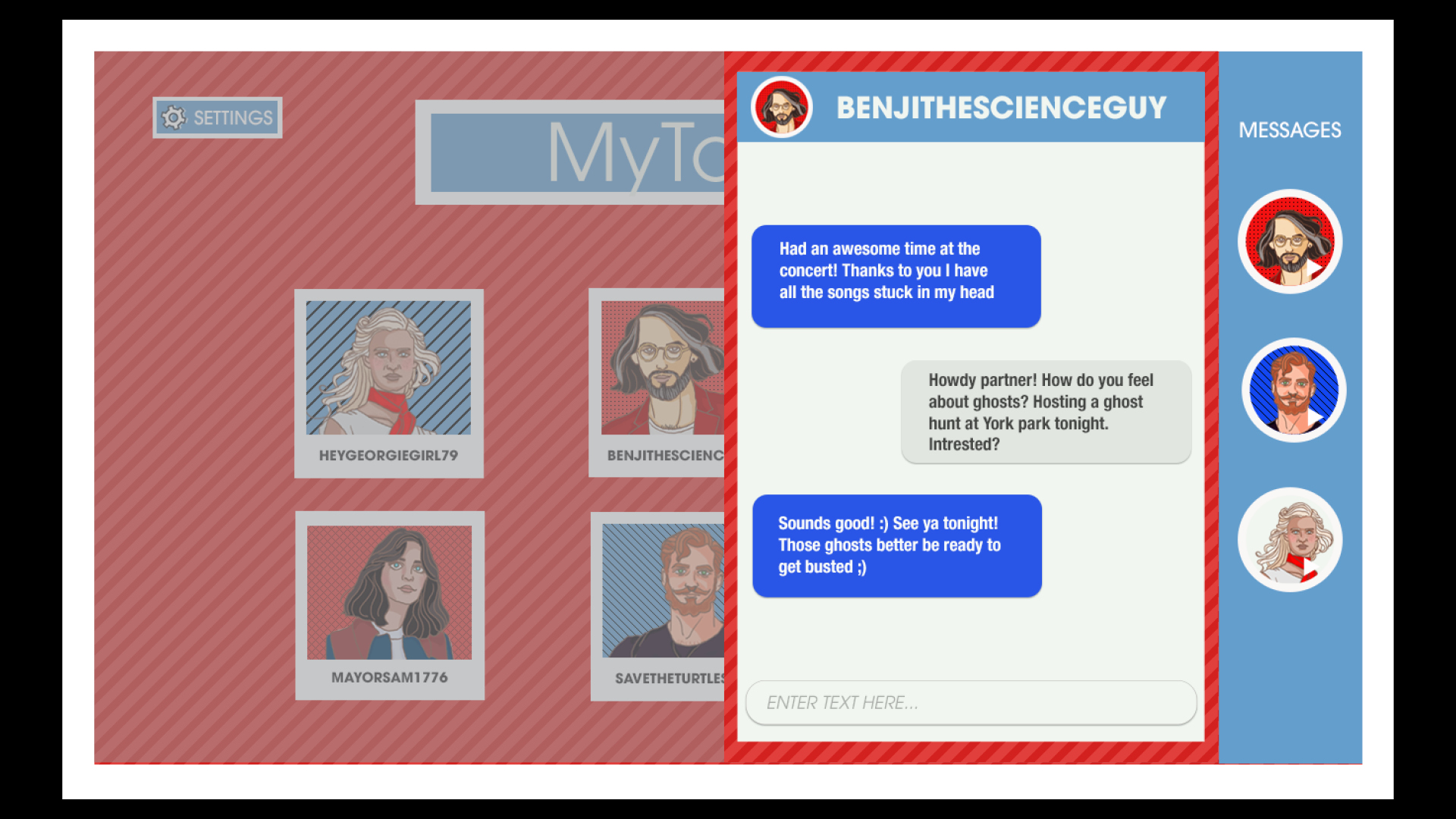 AmericanDreams3 Screenshot of dating app conversation between BenjiTheScienceGuy and user discussing concert and ghost hunt plans