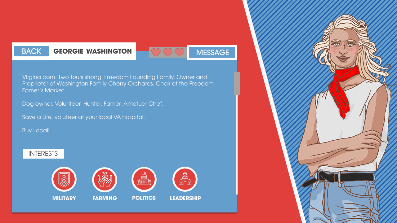 AmericanDreams4 Dating app profile for Georgie Washington showing interests in military, farming, politics and leadership with cartoon avatar