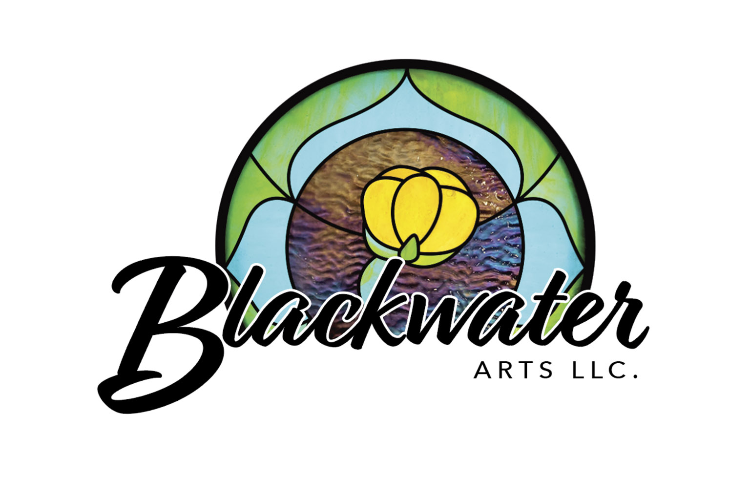 BlackwaterartsLLC_1a Blackwater Arts LLC logo featuring stained glass design with yellow flower in circular green and blue pattern