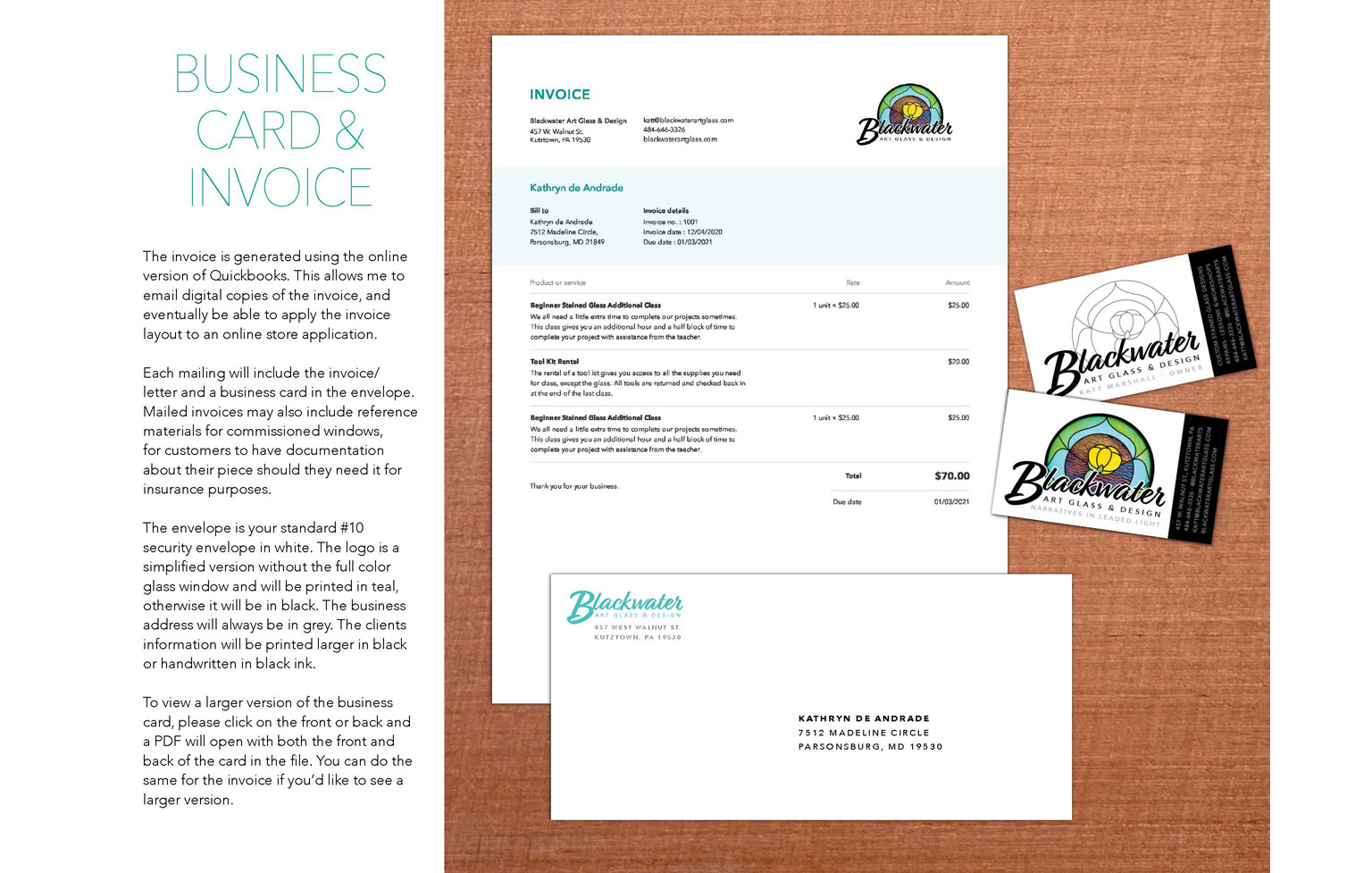 BlackwaterartsLLC_2 Blackwater Art Glass business card and invoice design featuring teal logo on white background with professional layout