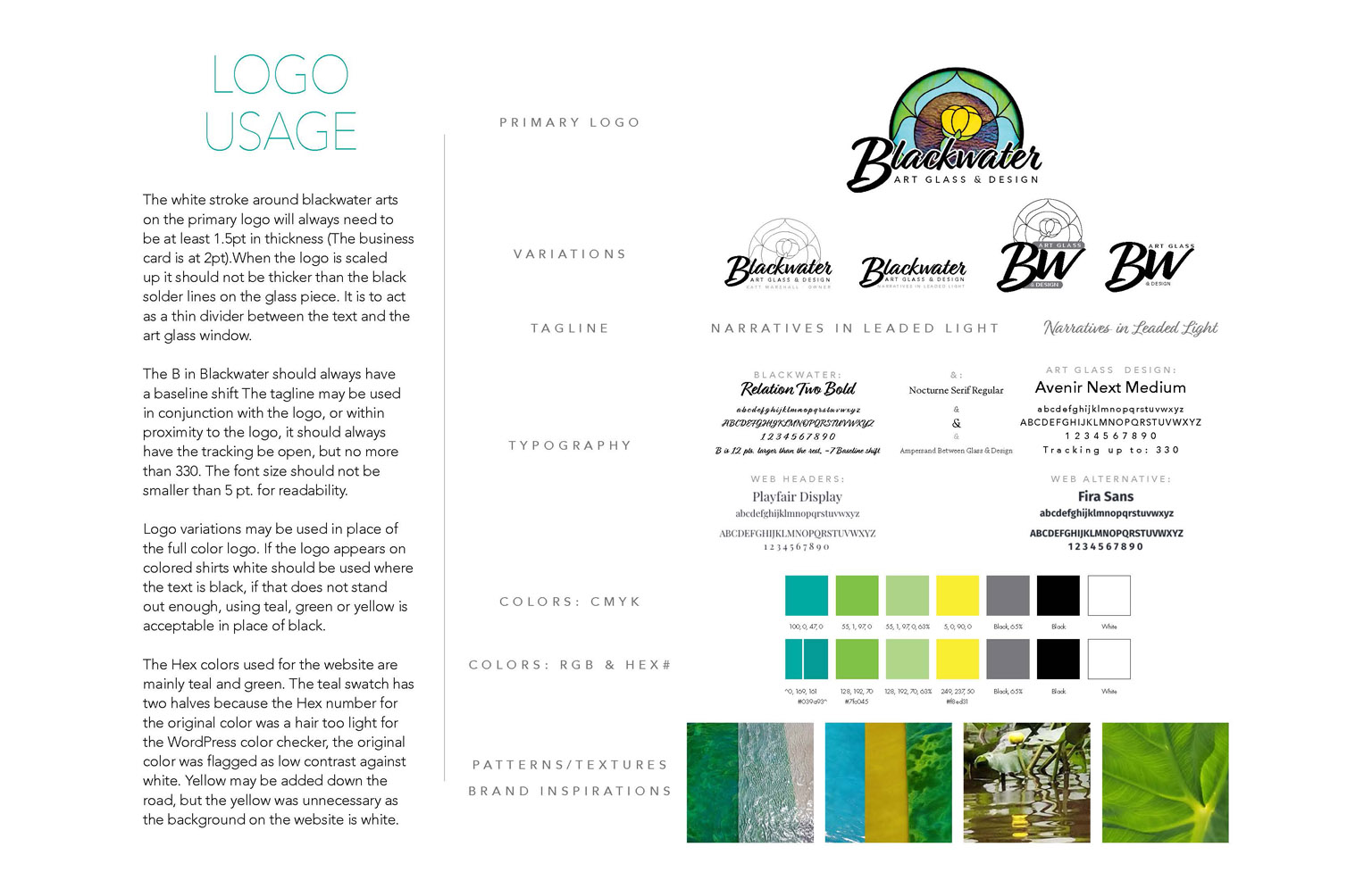 BlackwaterartsLLC_3 Blackwater Art Glass & Design logo usage guide showing primary logo, variations, typography, colors and brand guidelines