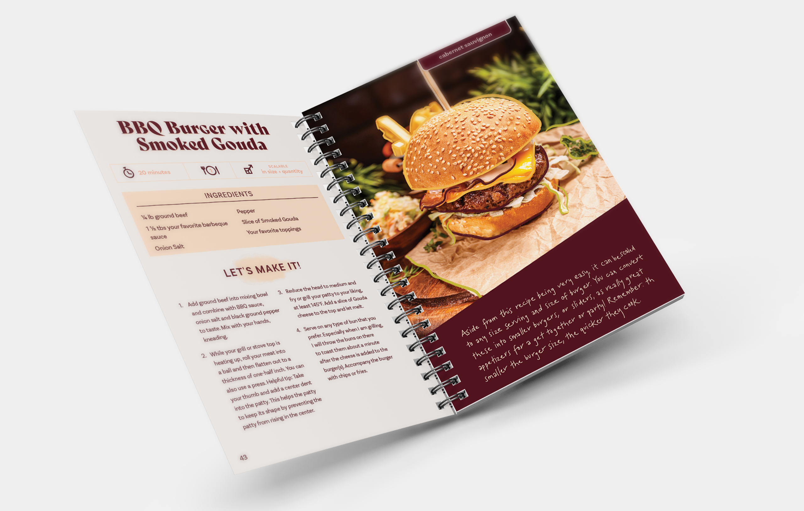 BBQ burger recipe book open showing ingredients and cooking instructions with spiral binding and appetizing burger photo