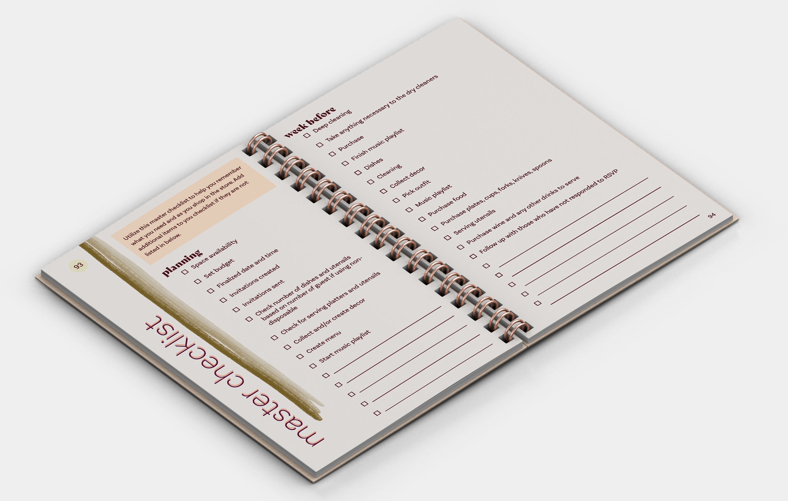 Planning checklist notebook with spiral binding showing work tasks and master checklist sections for organization.