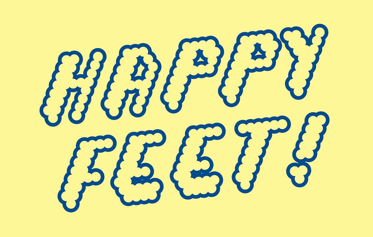 Bright-O-FontFamilyMarketing_4 Happy Feet text in yellow bubble letters with blue outline on yellow background