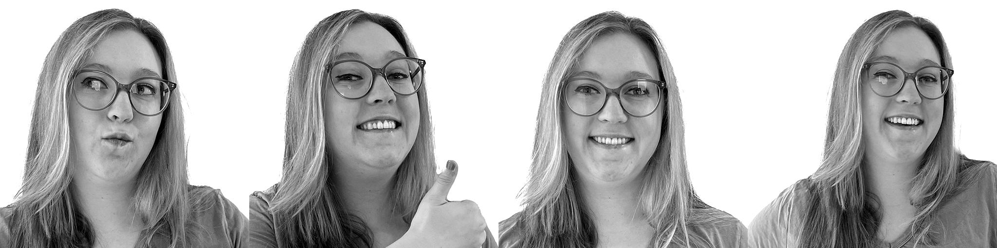 Woman with glasses showing four different facial expressions from neutral to excited in black and white photo series