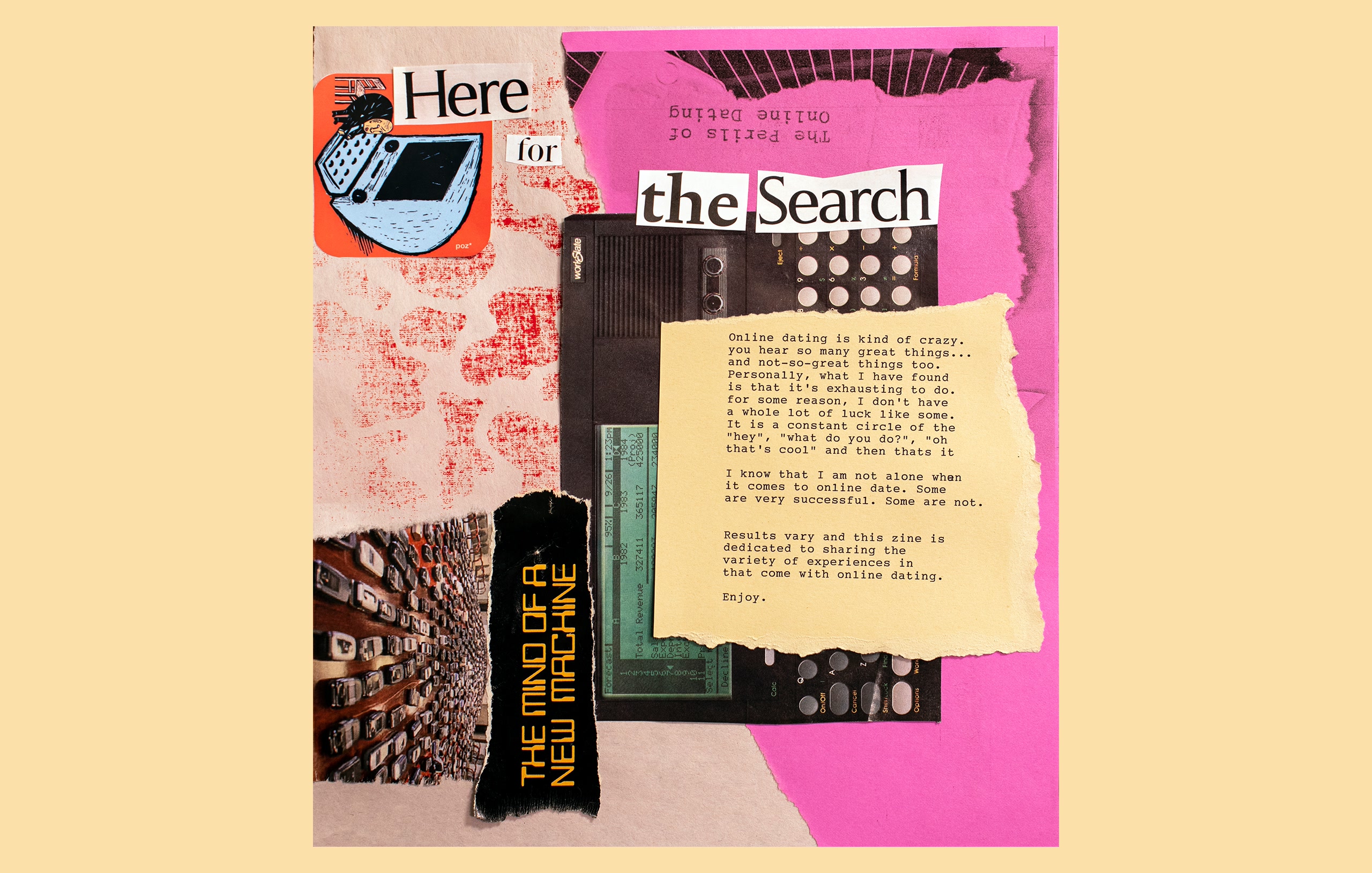 Colorful collage artwork about online dating featuring text Here for the Search with vintage computer and dating commentary