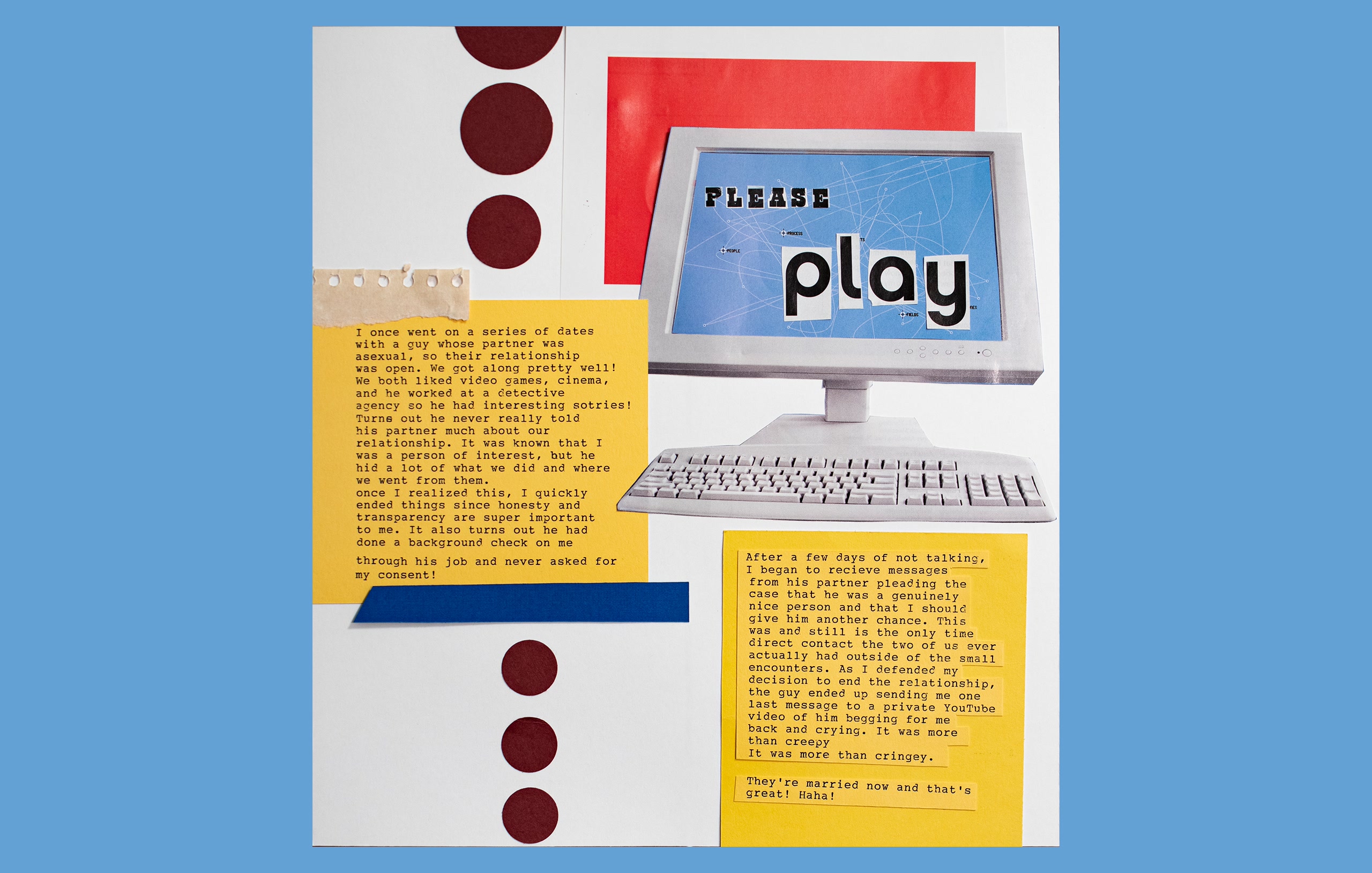 Colorful collage artwork featuring computer with PLEASE play on screen, geometric shapes, and yellow text blocks on blue background.