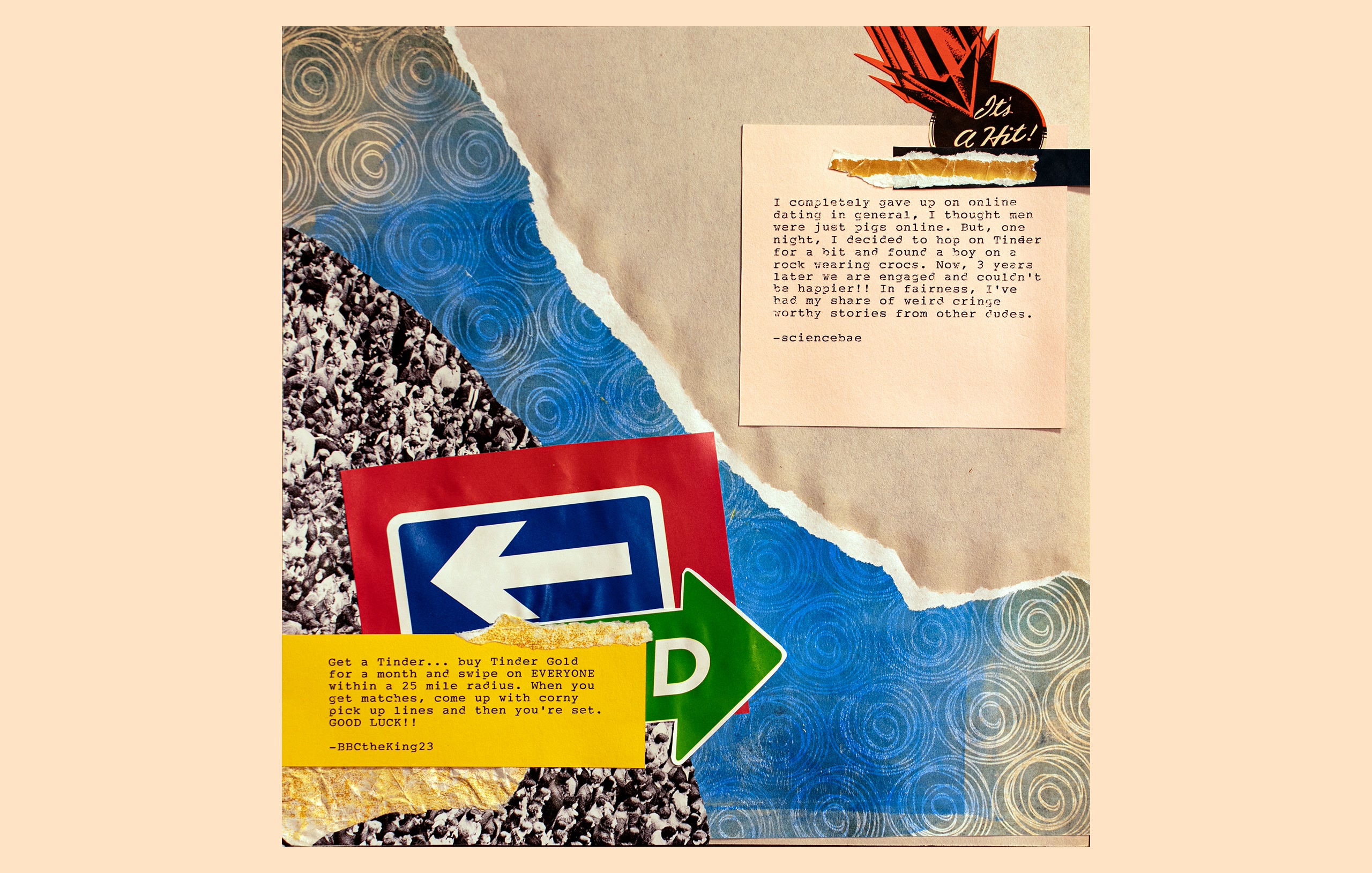 Collage artwork featuring dating app testimonials, directional arrows, and mixed media elements on textured background
