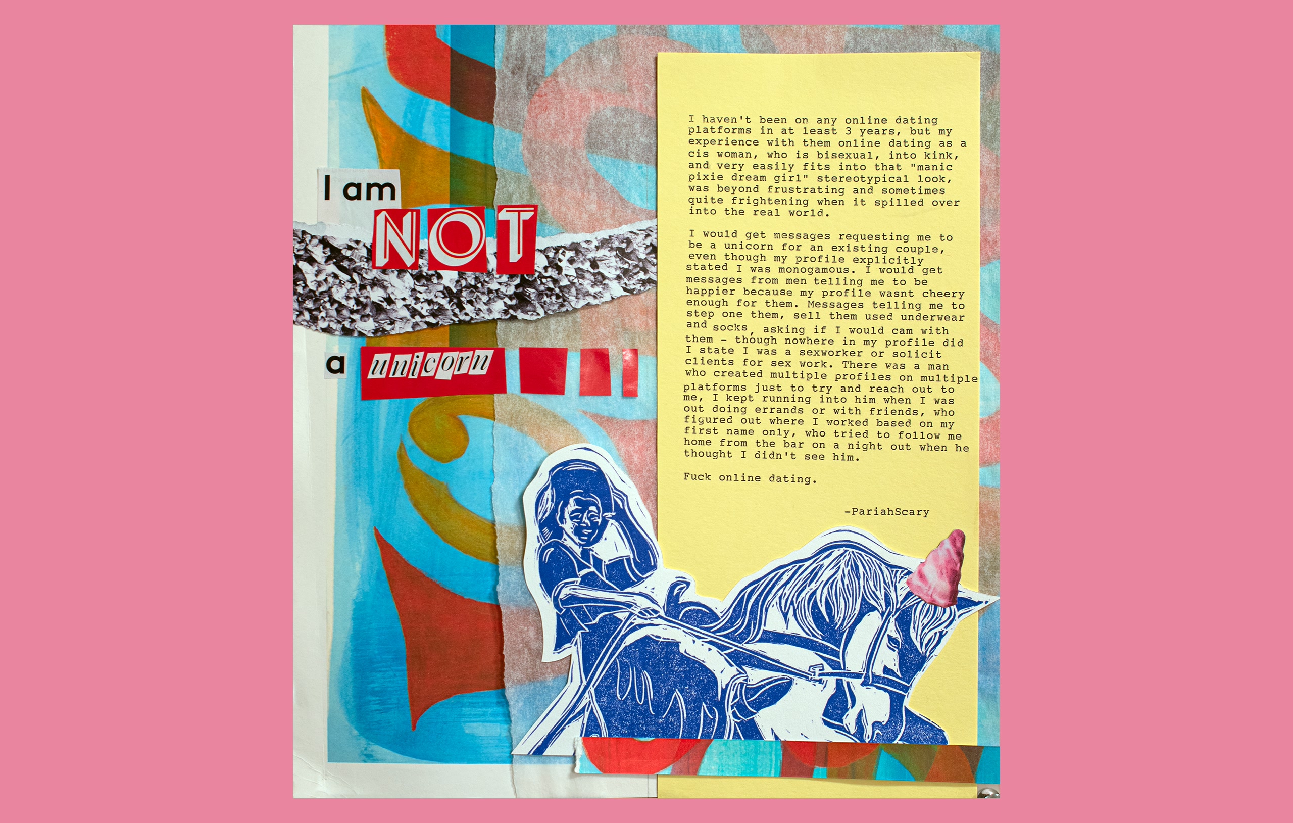 Colorful collage artwork with I am NOT a manic pixie dream girl text and personal narrative about online dating experiences.