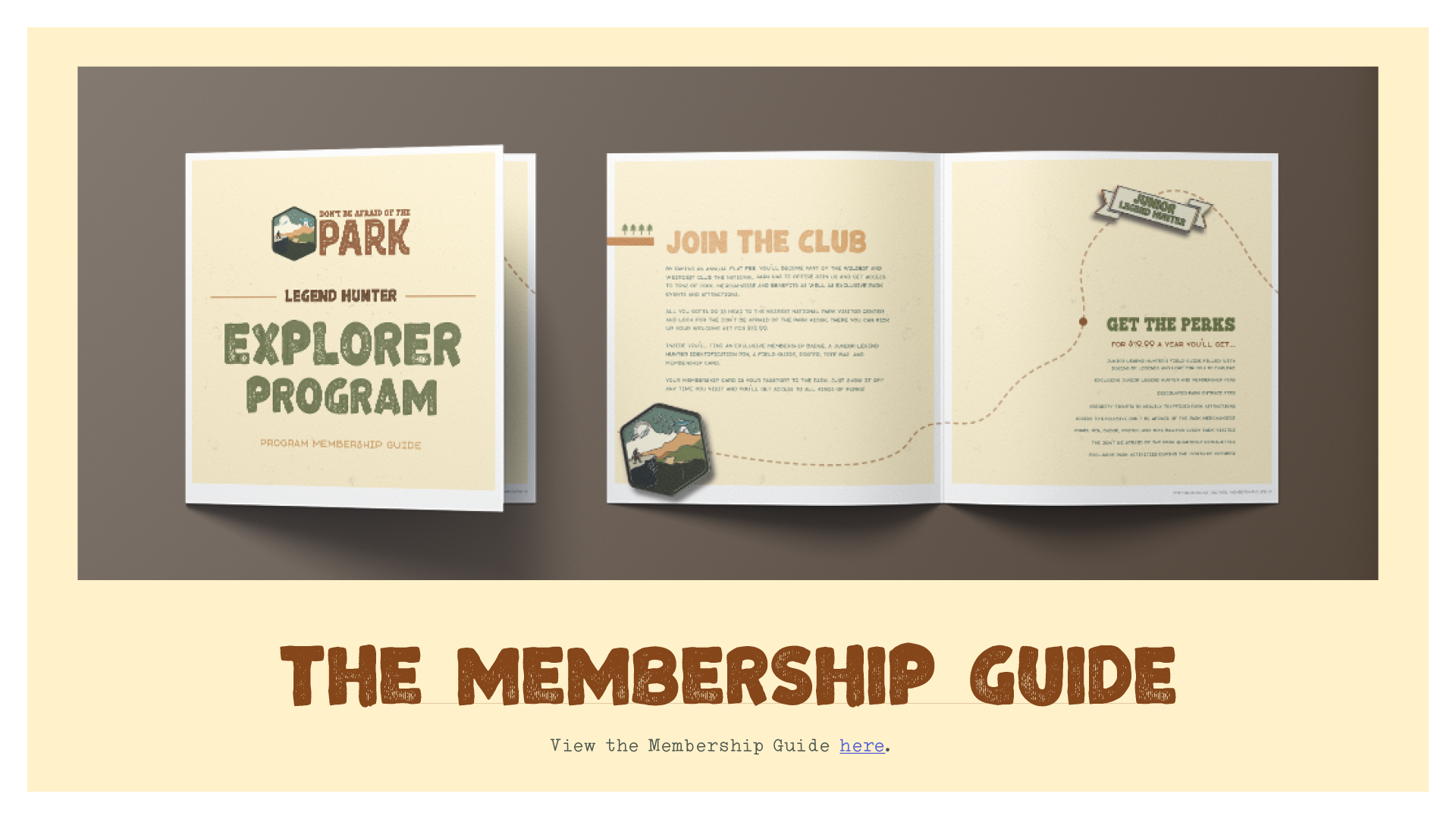 DontBeAfraidofthePark2 Explorer Program membership guide booklet showing Join the Club and Get the Perks pages with park logo and benefits