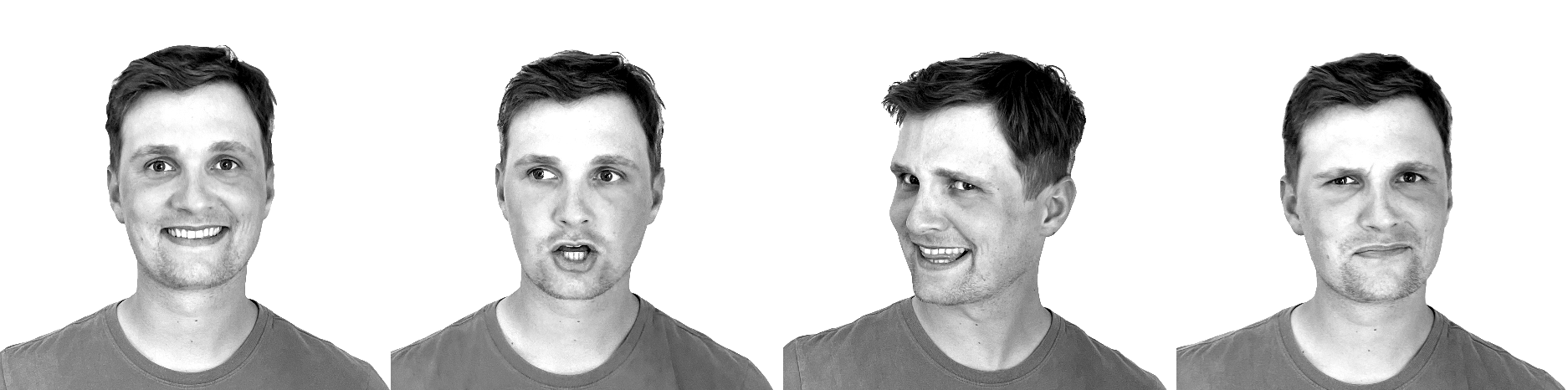 Example-blackwhite Four headshot photos of the same man showing different facial expressions in black and white portraits
