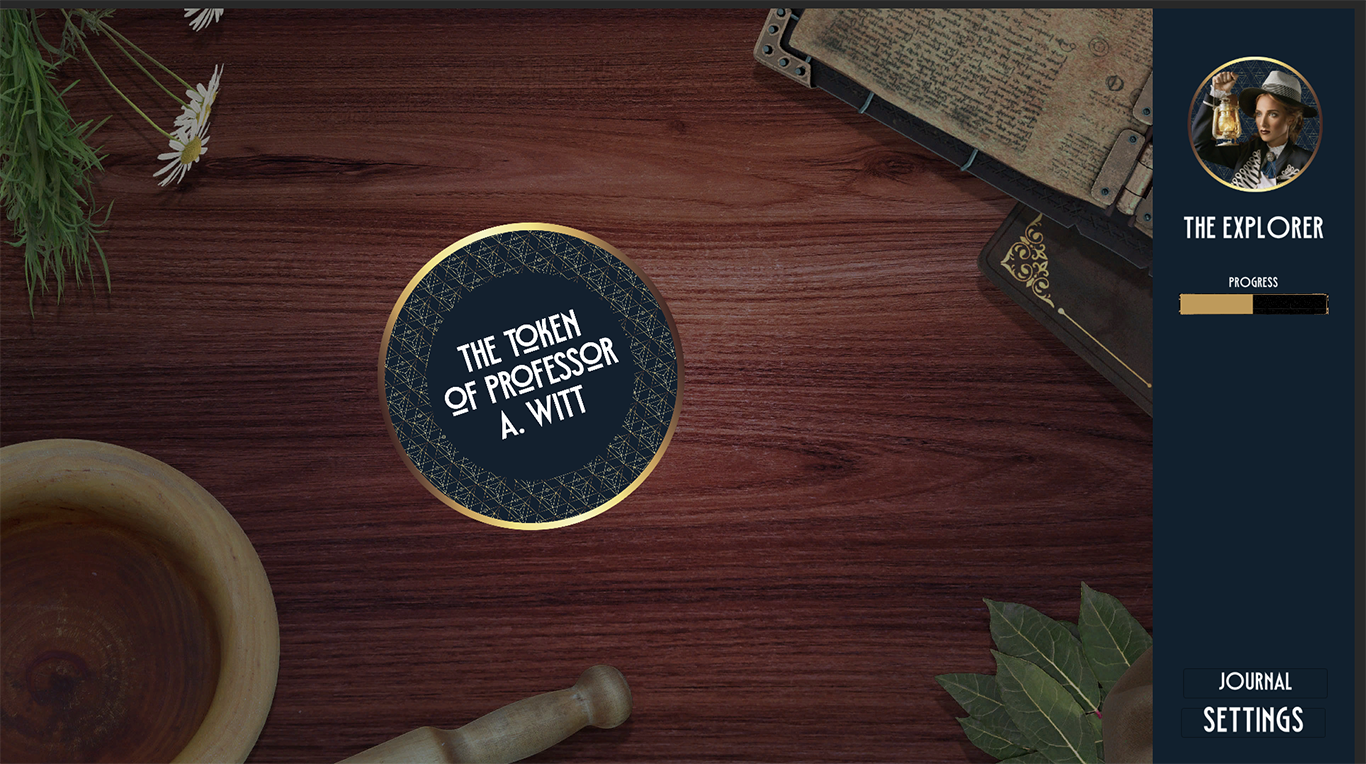 Hub A game interface showing The Token of Professor A. Witt on a wooden table with plants, books, and mortar & pestle.