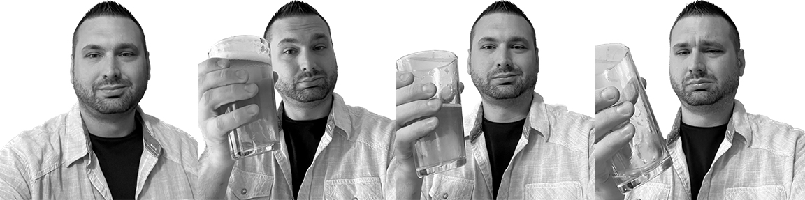 Man in denim shirt holding beer glass in four sequential poses showing different drinking positions