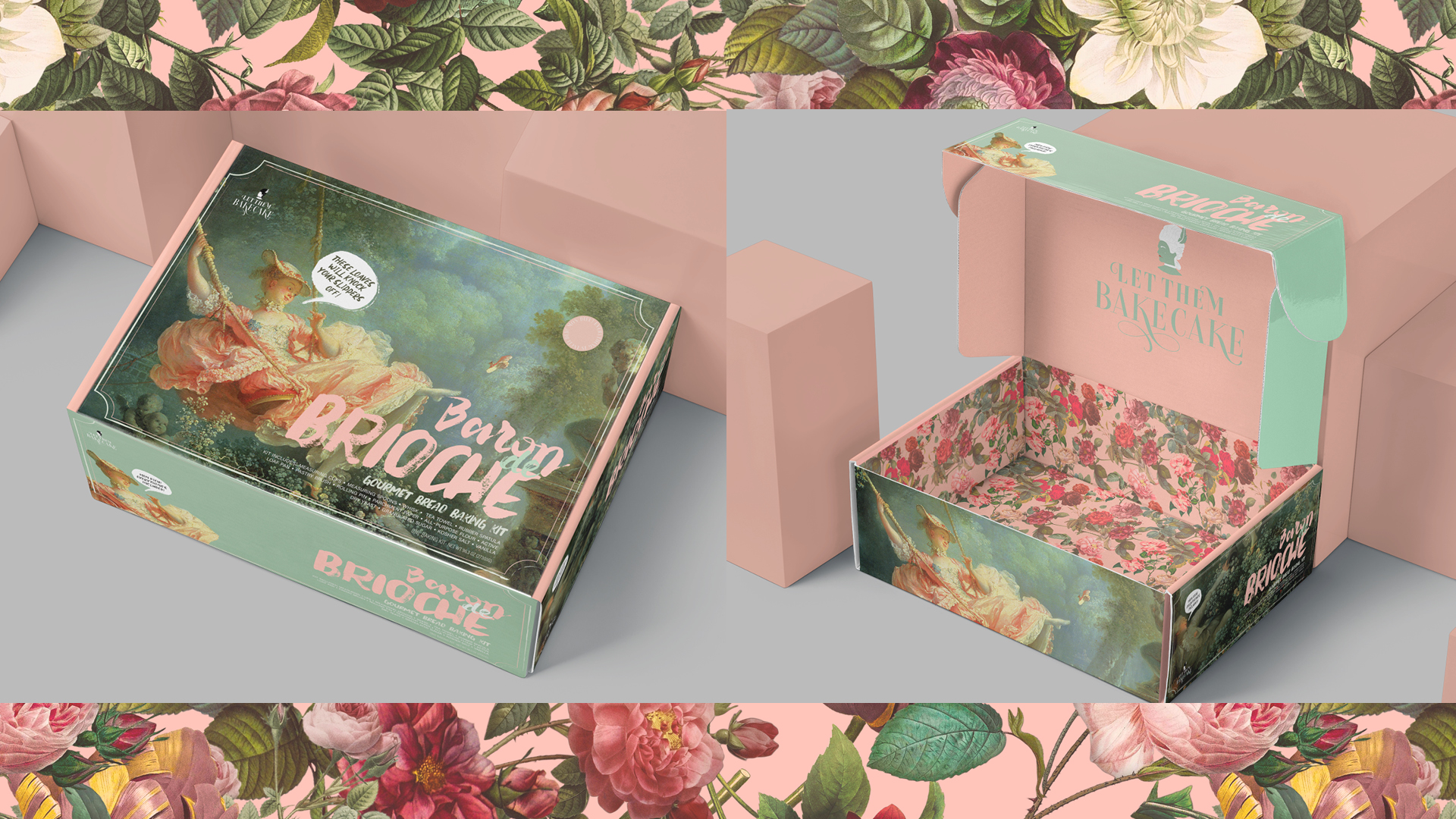 LetThemBakeCake3 Elegant floral packaging boxes with vintage romantic artwork and BROCHE branding displayed on pink background