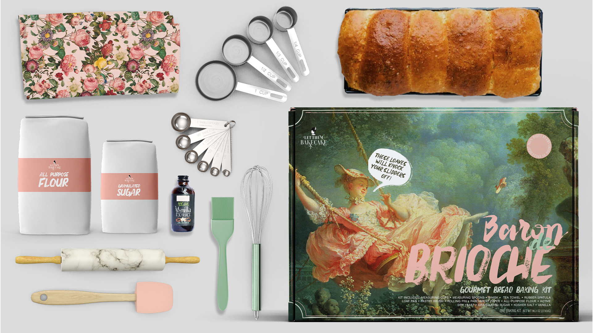 LetThemBakeCake4 Baron von Brioche gourmet bread baking kit with flour, sugar, measuring tools, and freshly baked brioche loaf