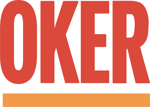OKER_logo Red text spelling OKER in large bold letters with orange gradient bar below on white background