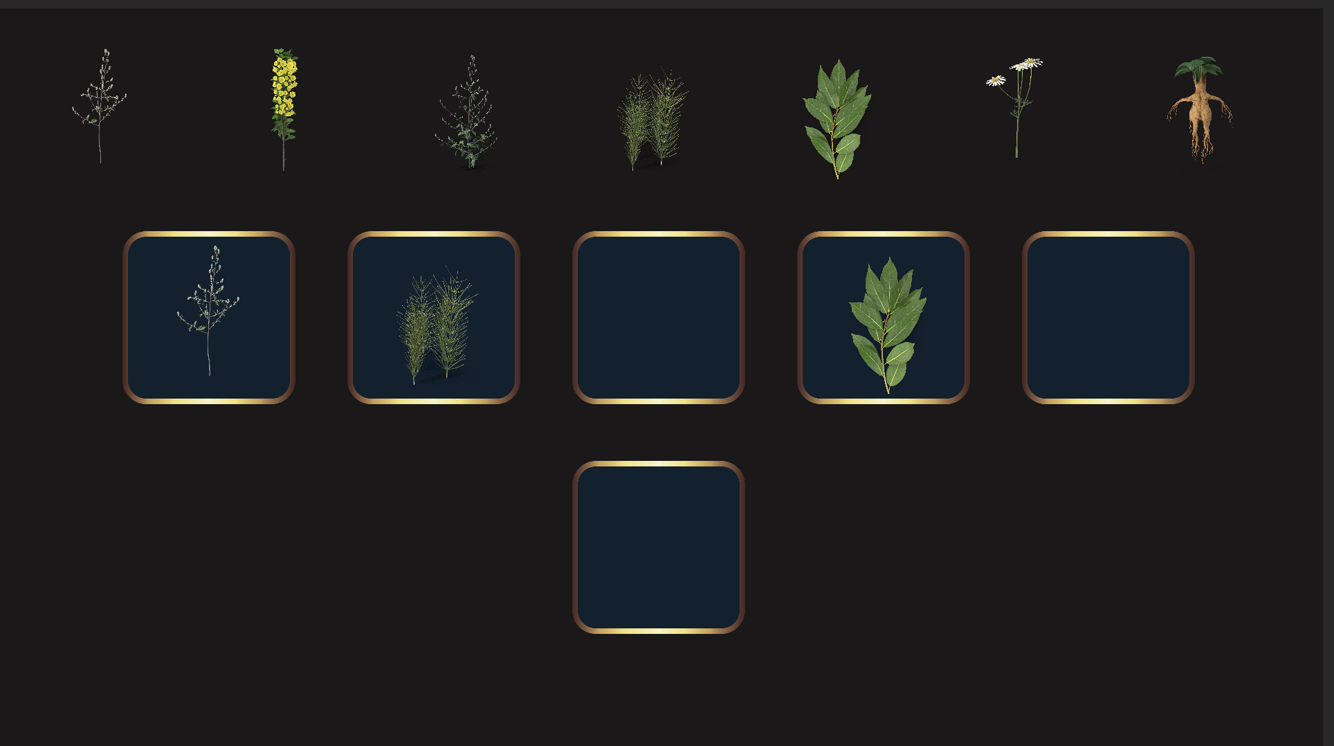 Puzzle_plants Plant matching game with various herbs and flowers to drag into corresponding slots on dark background