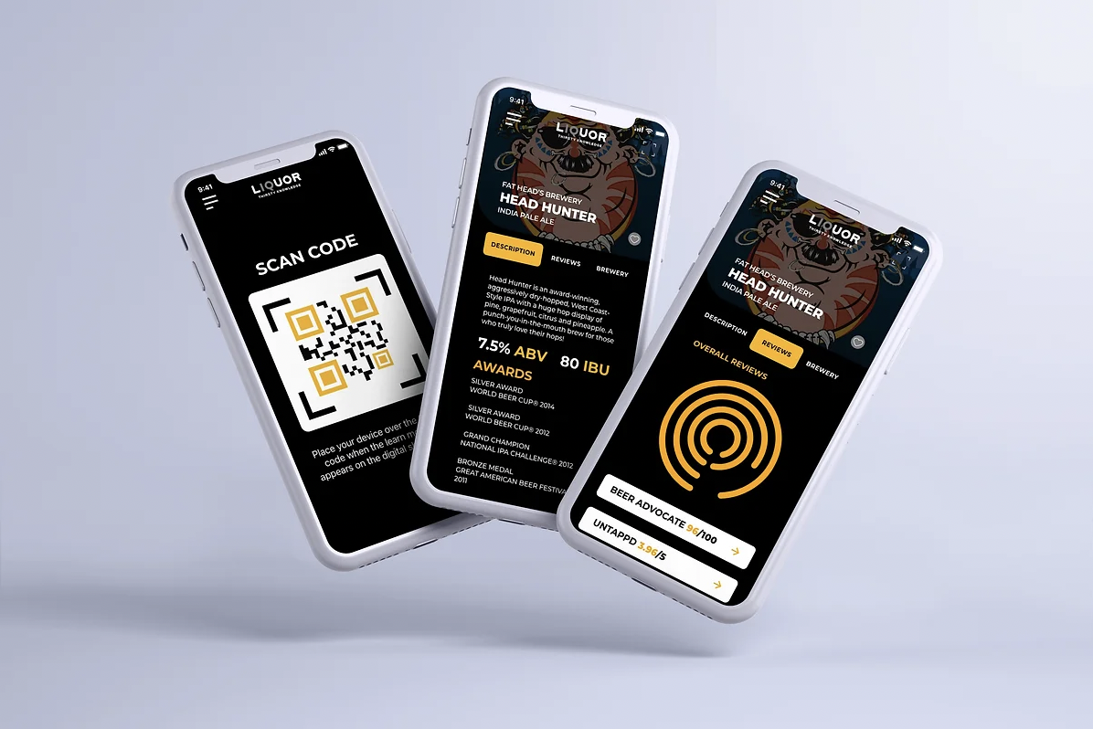 Three smartphones displaying a beer app interface with QR code scanner, product details, and reviews for craft beer discovery