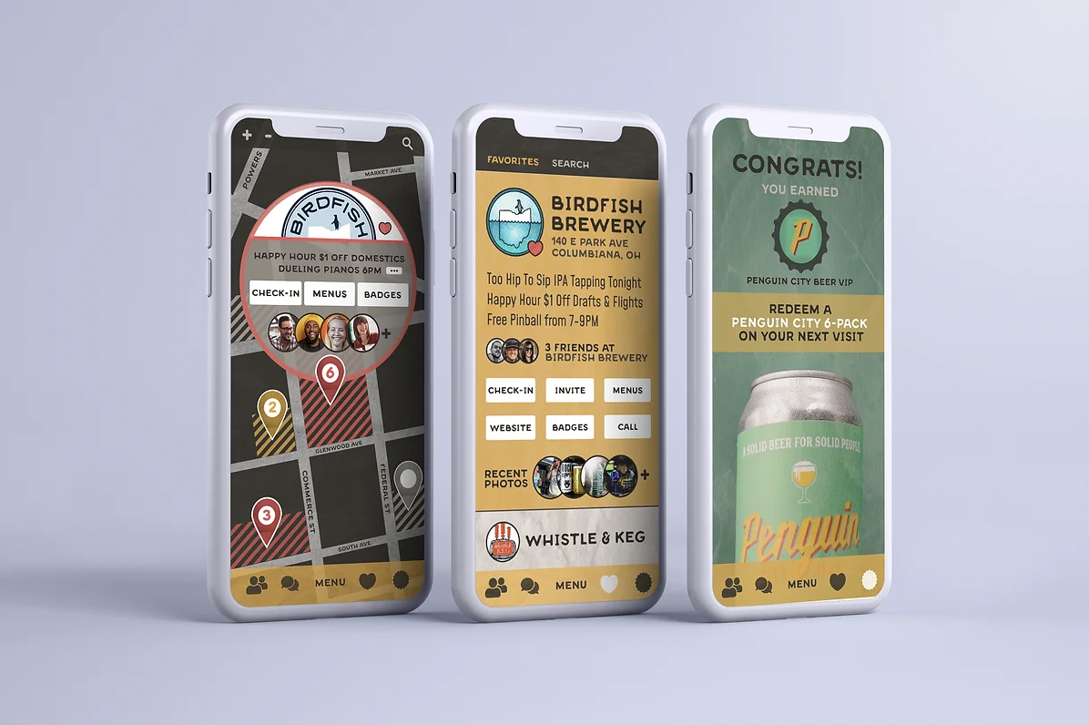 Three mobile phones displaying a craft beer discovery app with map view, brewery details, and rewards earning features.