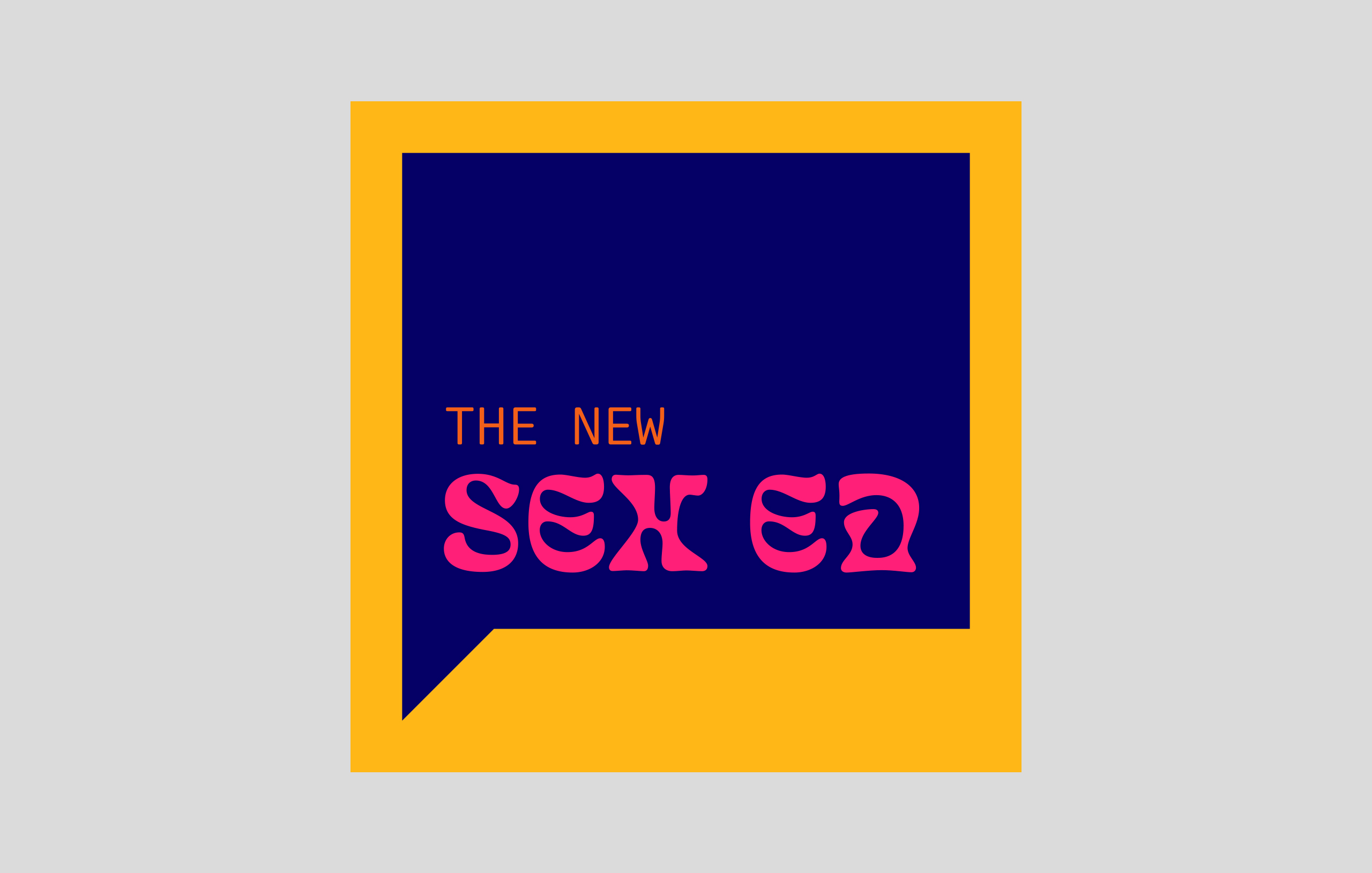 The New Sex Ed logo featuring orange text on dark blue speech bubble with yellow border on gray background