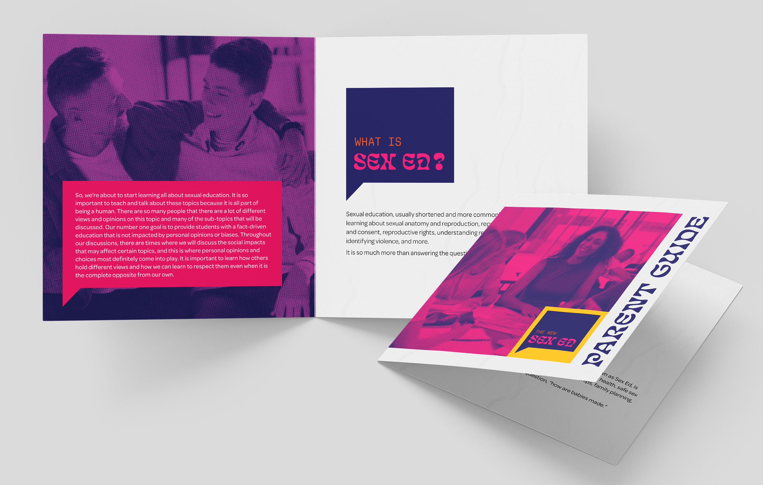 Sexual education brochures and pamphlets with colorful design explaining what sex ed is and its importance for students