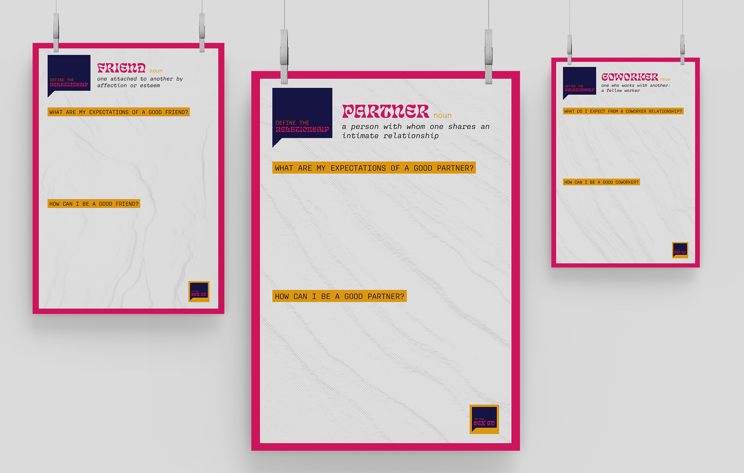 Three colorful relationship worksheets hanging on wall defining friend, partner, and coworker with reflection questions.