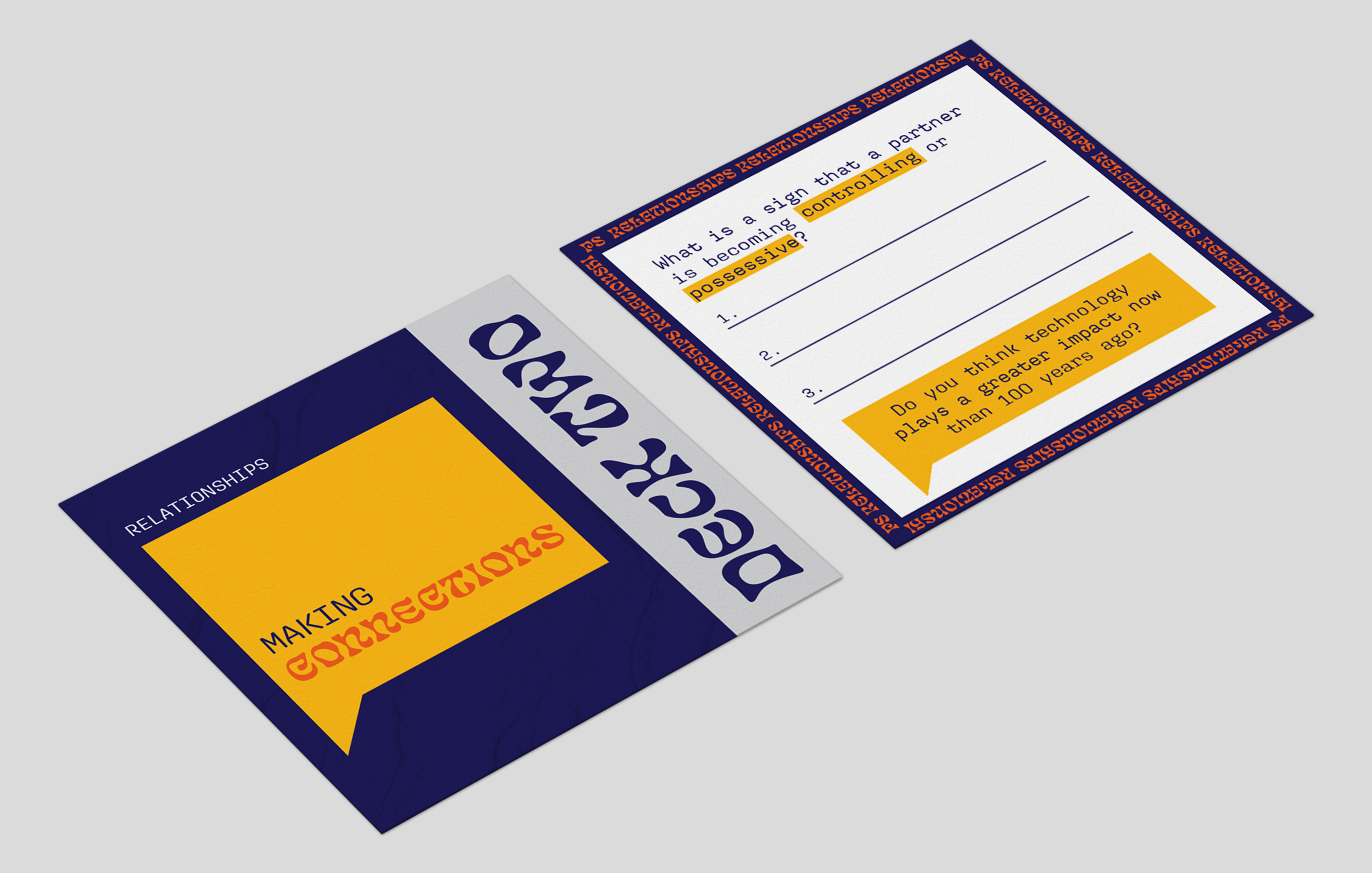 Educational flashcards showing relationship-building activities with blue, orange and white design for interactive learning.