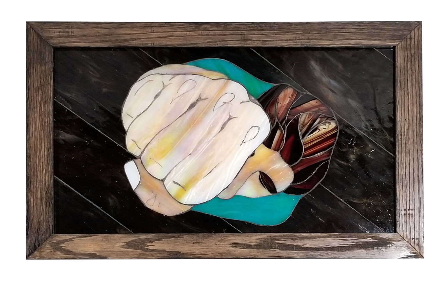 WhereDoYouStand_2 Framed abstract painting featuring organic white and cream shapes with turquoise and brown elements on dark background