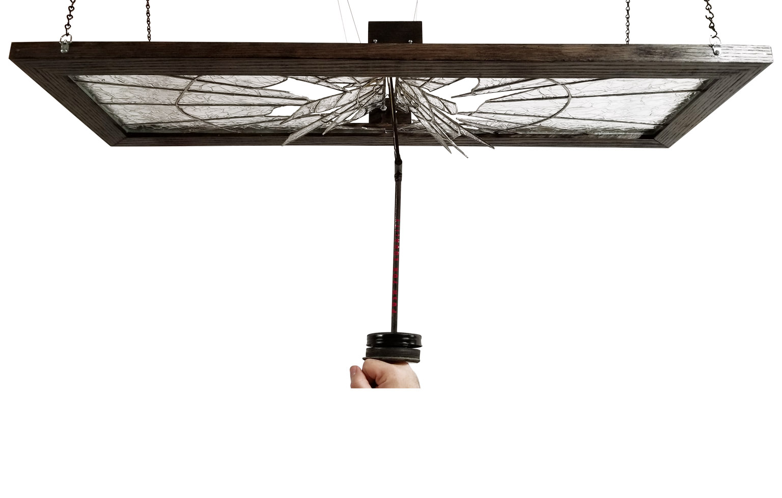 WhereDoYouStand_4 Suspended wooden light fixture with etched glass panel featuring dragonfly design and hanging pull chain