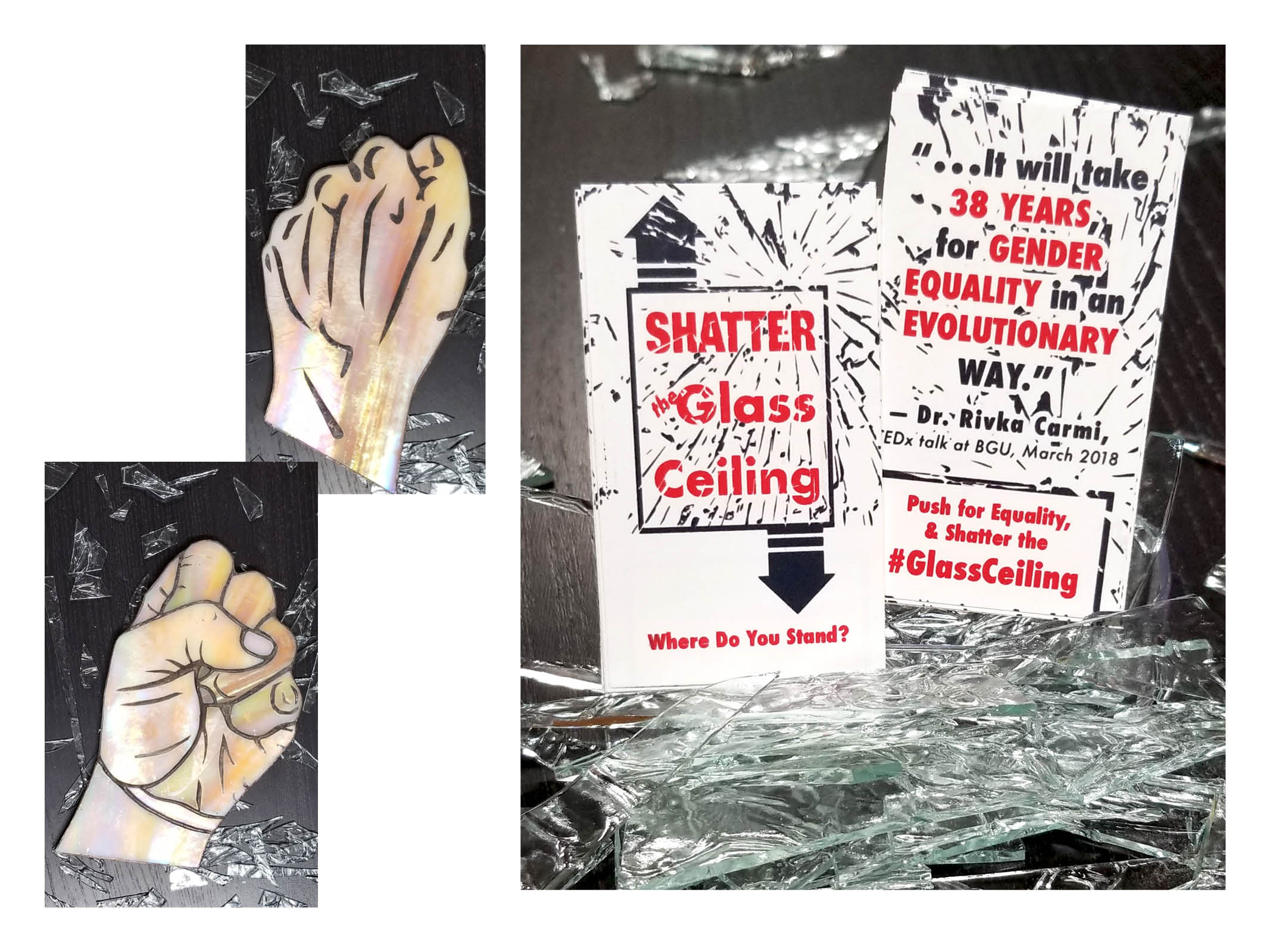 WhereDoYouStand_6 Shattered glass ceiling protest artwork with raised fists and gender equality messaging at BGU campus demonstration